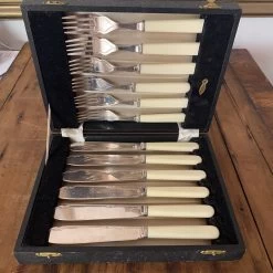 Vintage Fish Forks & Knives Silverplate & Celluloid -English 1930's?