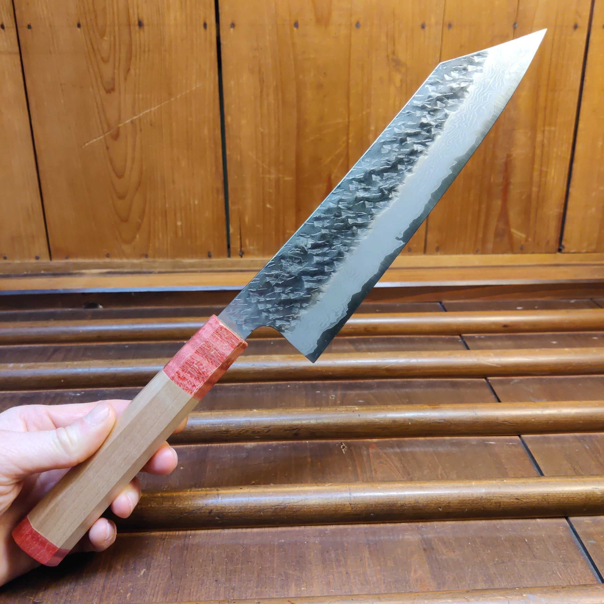 Nigara Hamono 210mm Kiritsuke Gyuto VG10 Suminagashi Tsuchime Maple 8 Nigara Hamono 210mm Kiritsuke Gyuto VG10 Suminagashi Tsuchime Maple - Image 6