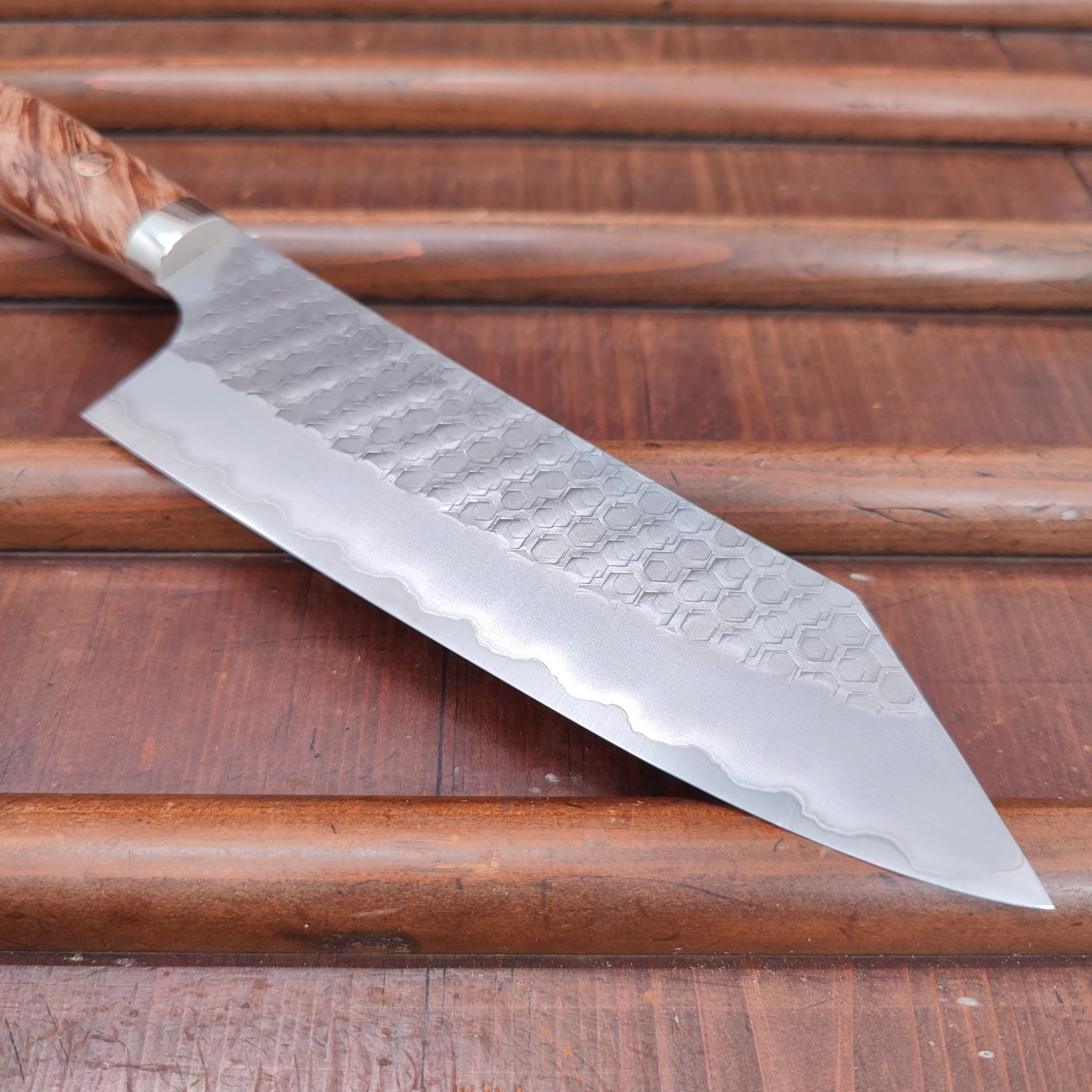 Nigara Hamono 180mm Bunka SG2 Migaki Tsuchime Stabilized Maple Burl Western Handle 4 Nigara Hamono 180mm Bunka SG2 Migaki Tsuchime Stabilized Maple Burl Western Handle - Image 2