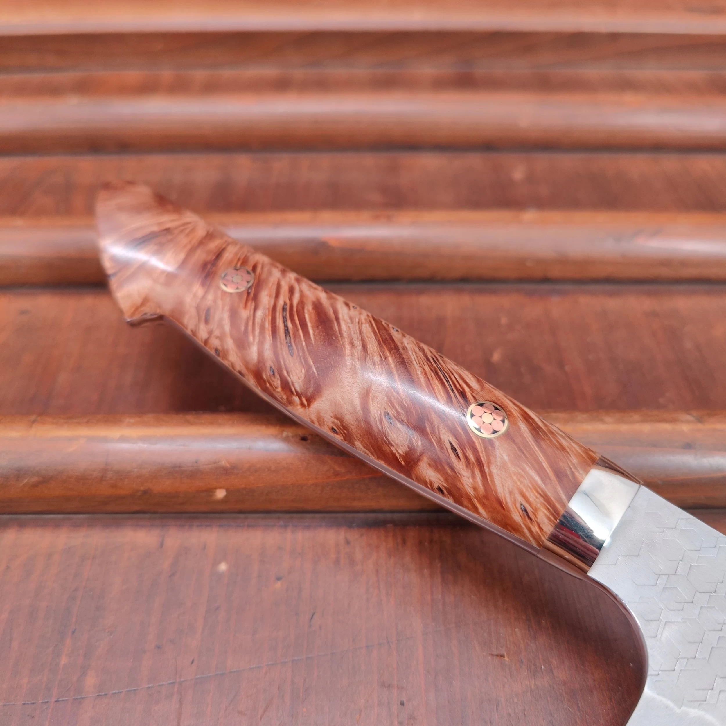 Nigara Hamono 180mm Bunka SG2 Migaki Tsuchime Stabilized Maple Burl Western Handle 5 Nigara Hamono 180mm Bunka SG2 Migaki Tsuchime Stabilized Maple Burl Western Handle - Image 3