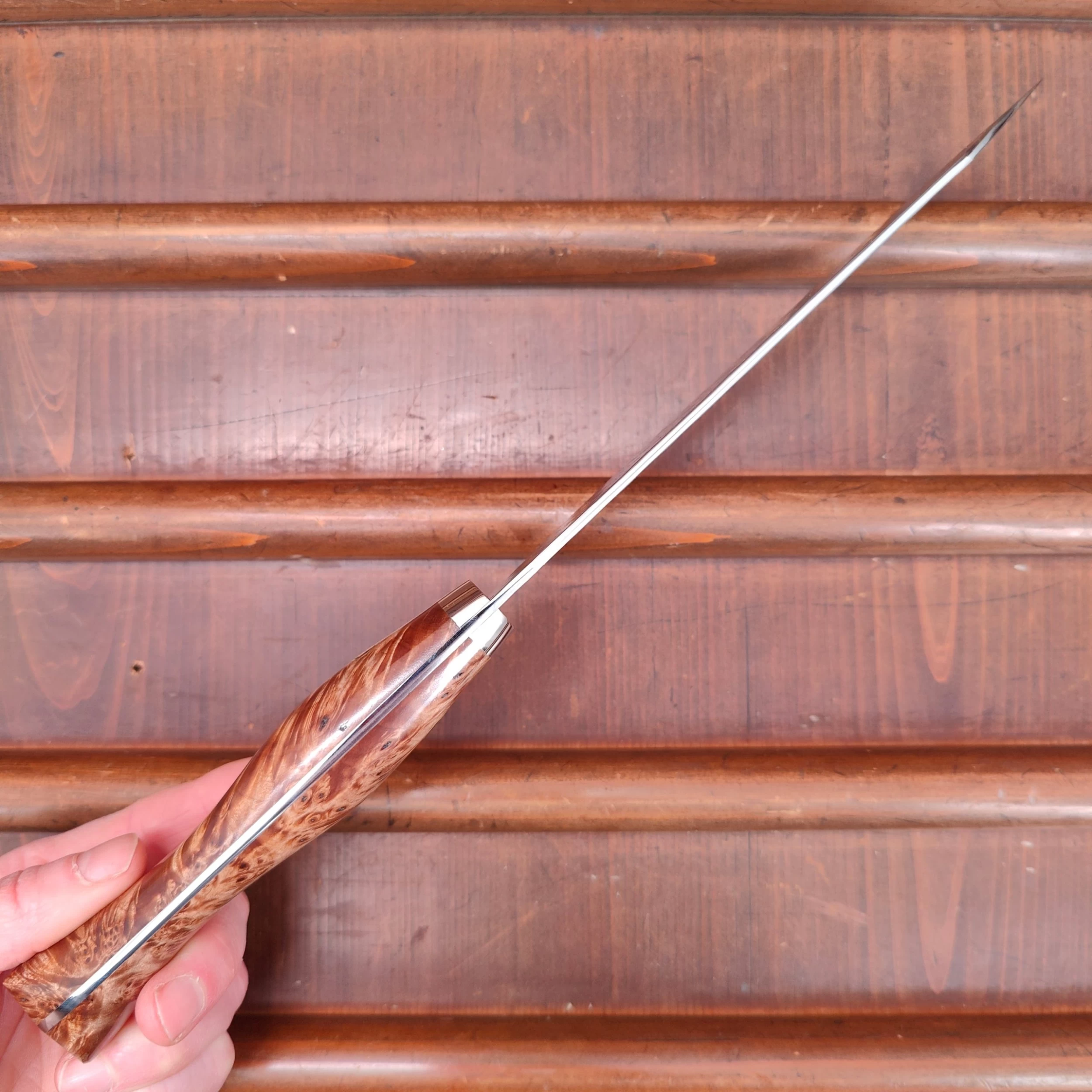 Nigara Hamono 180mm Bunka SG2 Migaki Tsuchime Stabilized Maple Burl Western Handle 6 Nigara Hamono 180mm Bunka SG2 Migaki Tsuchime Stabilized Maple Burl Western Handle - Image 4