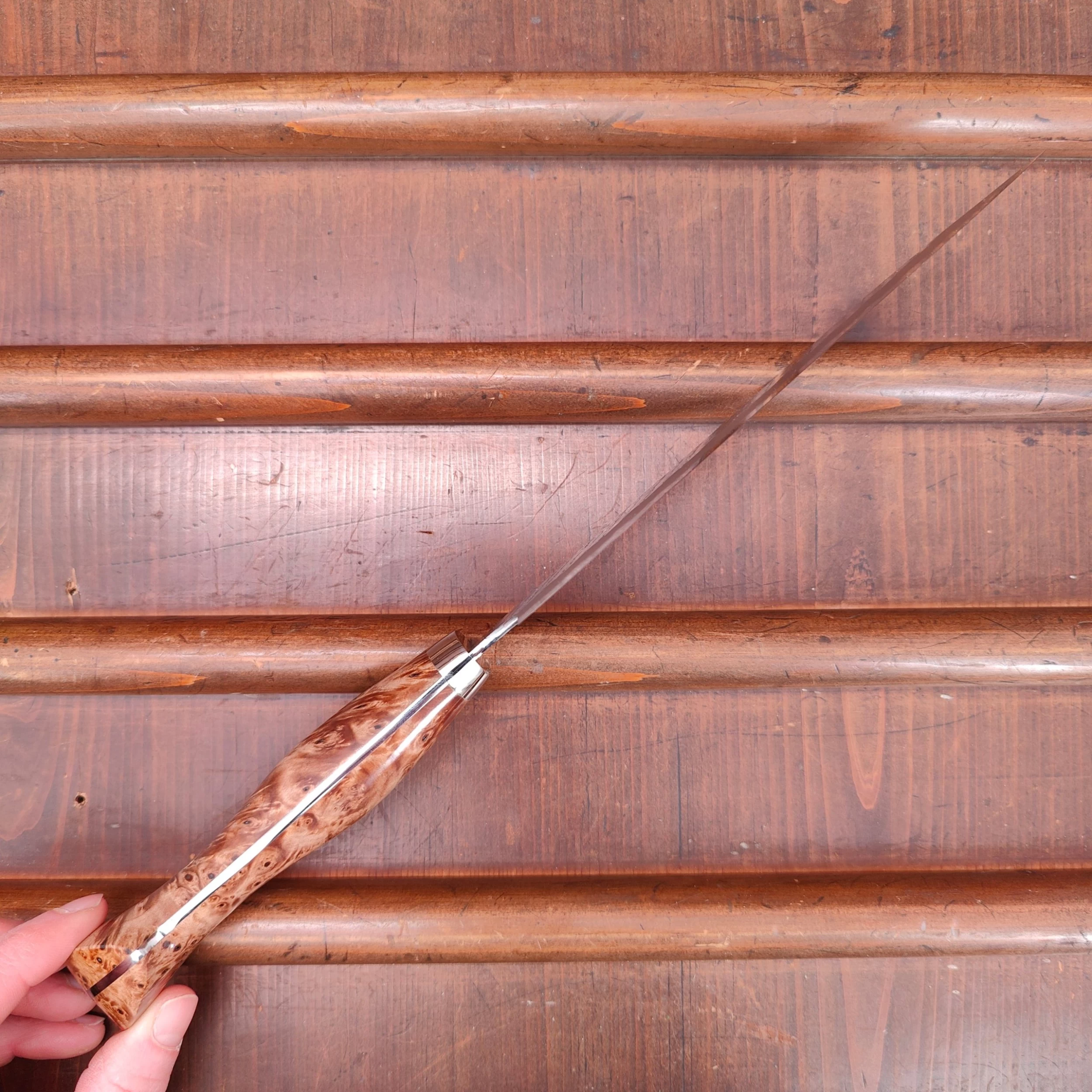 Nigara Hamono 180mm Bunka SG2 Migaki Tsuchime Stabilized Maple Burl Western Handle 7 Nigara Hamono 180mm Bunka SG2 Migaki Tsuchime Stabilized Maple Burl Western Handle - Image 5