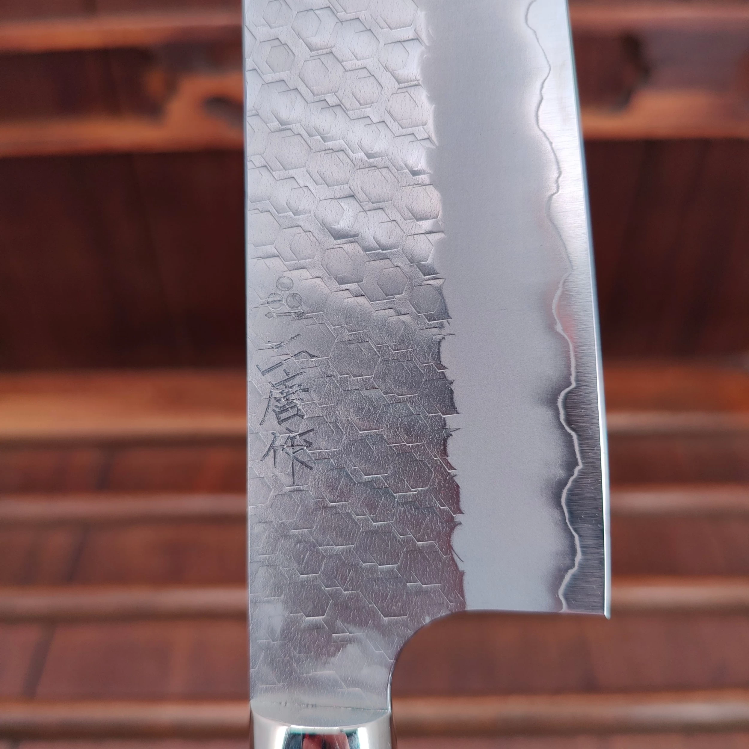 Nigara Hamono 180mm Bunka SG2 Migaki Tsuchime Stabilized Maple Burl Western Handle 10 Nigara Hamono 180mm Bunka SG2 Migaki Tsuchime Stabilized Maple Burl Western Handle - Image 8