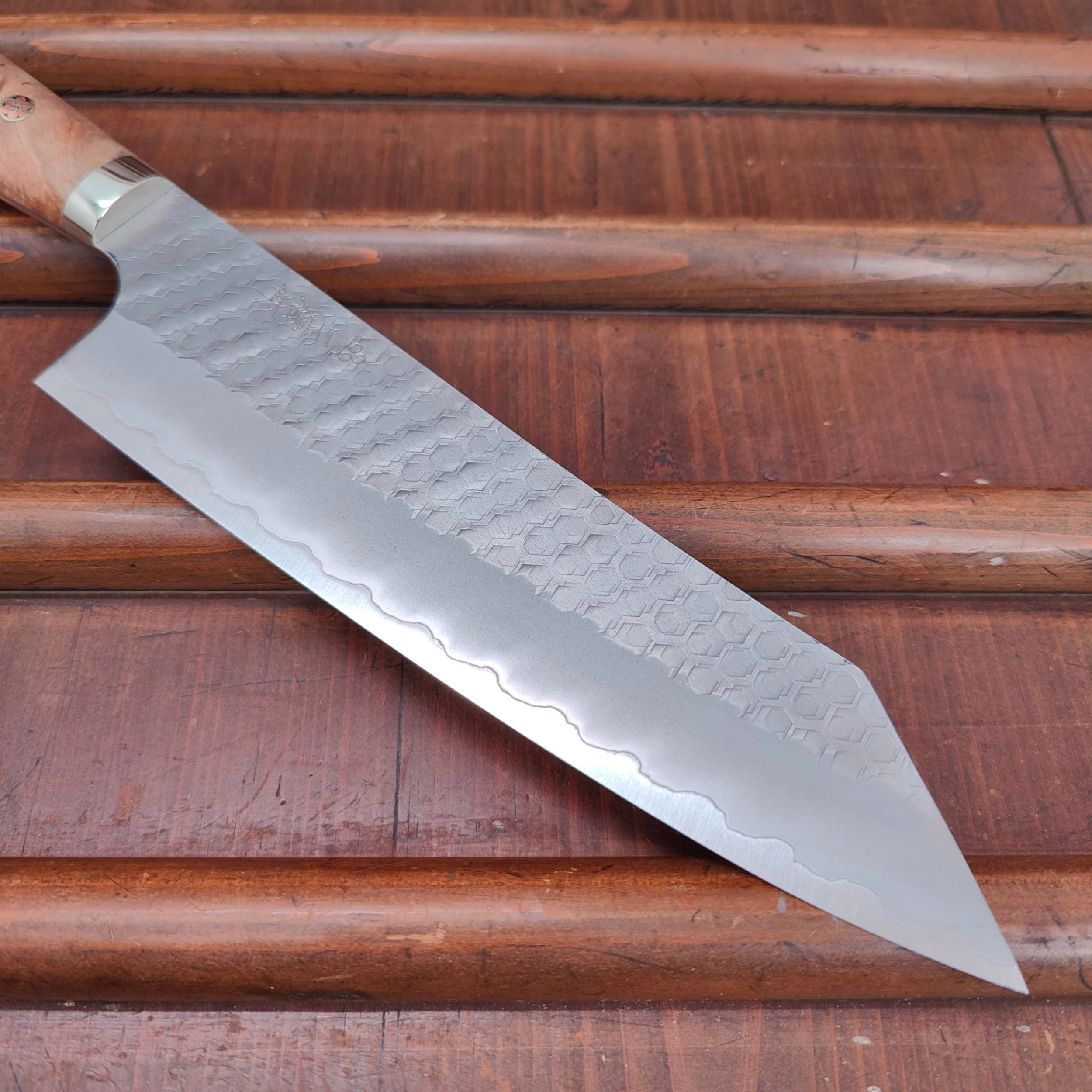 Nigara Hamono SG2 210mm Kiritsuke Gyuto Migaki Tsuchime Stabilized Maple Burl Western Handle 4 Nigara Hamono SG2 210mm Kiritsuke Gyuto Migaki Tsuchime Stabilized Maple Burl Western Handle - Image 2