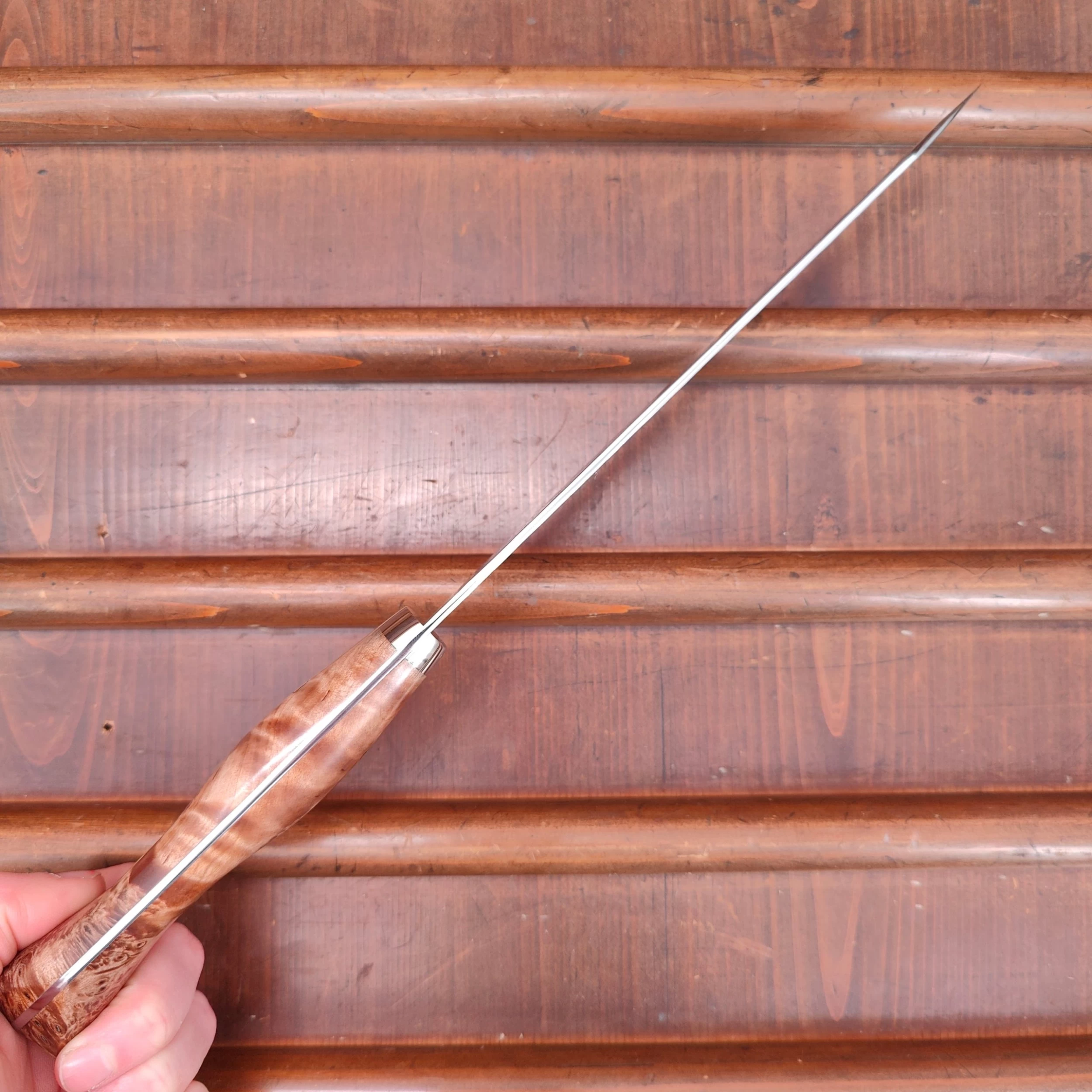 Nigara Hamono SG2 210mm Kiritsuke Gyuto Migaki Tsuchime Stabilized Maple Burl Western Handle 6 Nigara Hamono SG2 210mm Kiritsuke Gyuto Migaki Tsuchime Stabilized Maple Burl Western Handle - Image 4