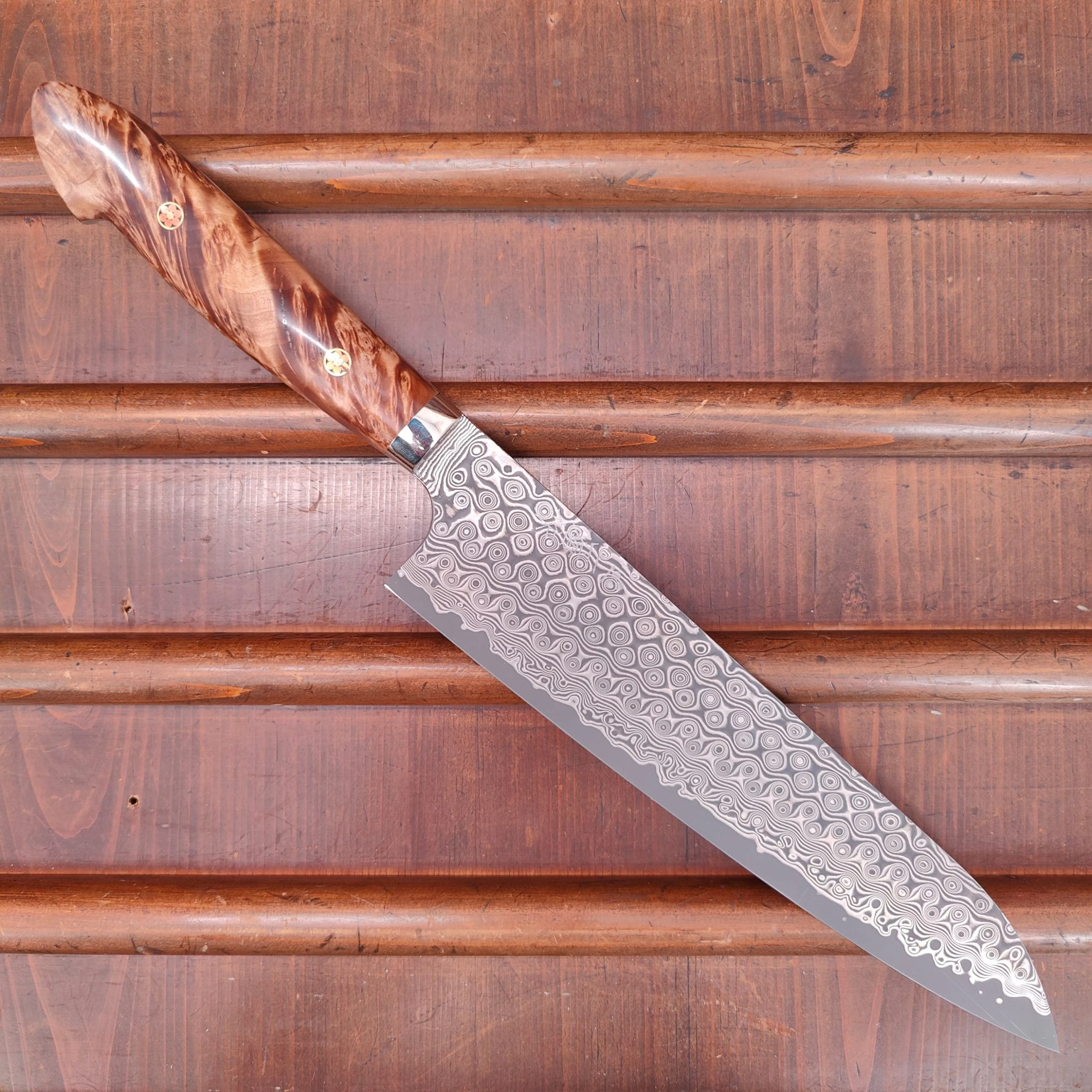 Nigara Hamono SG2 240mm Gyuto Damascus Stabilized Maple Burl Western Handle 3 Nigara Hamono SG2 240mm Gyuto Damascus Stabilized Maple Burl Western Handle