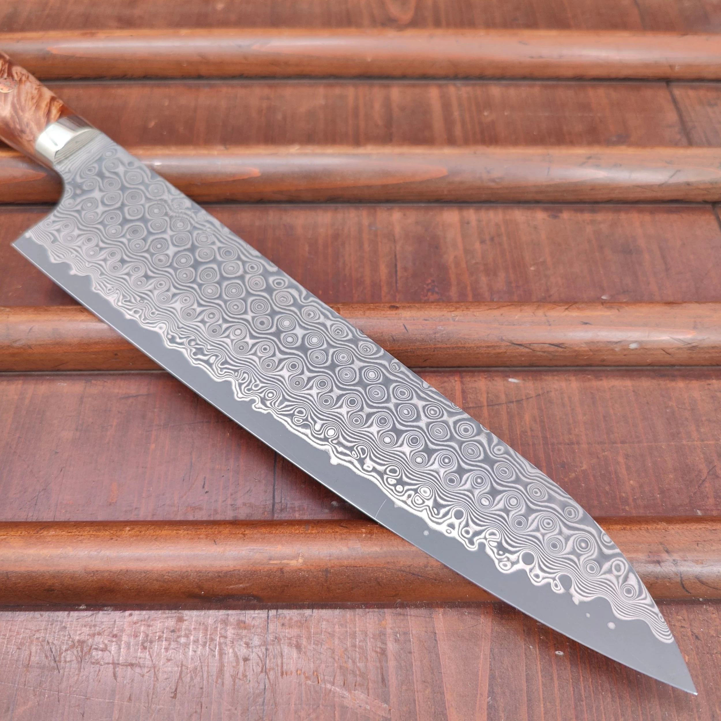 Nigara Hamono SG2 240mm Gyuto Damascus Stabilized Maple Burl Western Handle 4 Nigara Hamono SG2 240mm Gyuto Damascus Stabilized Maple Burl Western Handle - Image 2