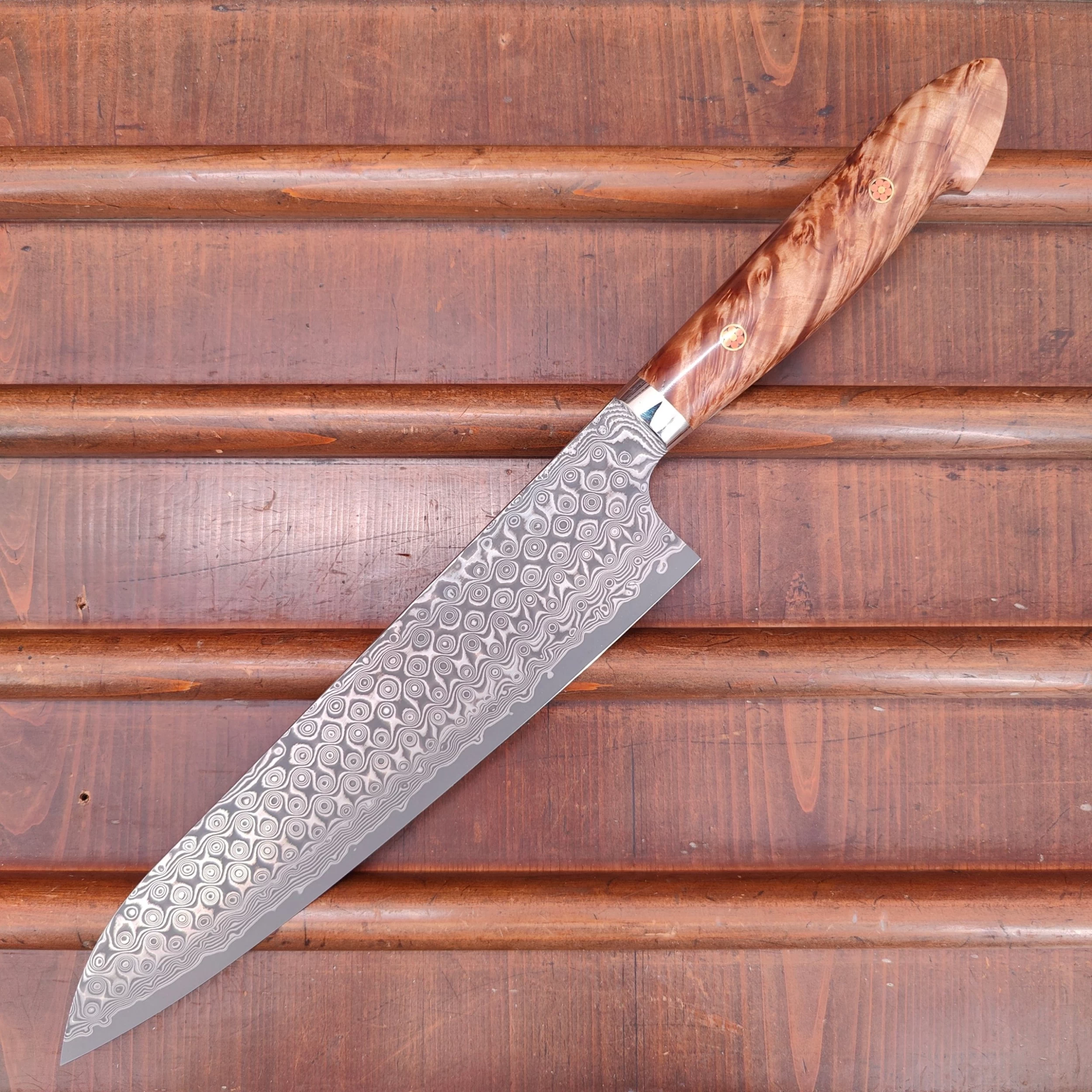 Nigara Hamono SG2 240mm Gyuto Damascus Stabilized Maple Burl Western Handle 9 Nigara Hamono SG2 240mm Gyuto Damascus Stabilized Maple Burl Western Handle - Image 7