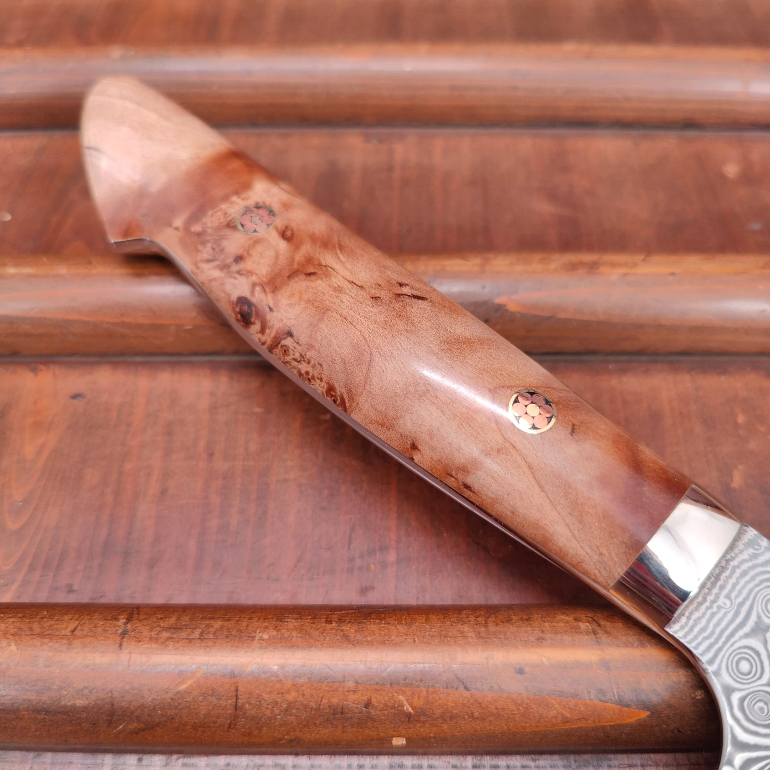 Nigara Hamono SG2 240mm Kiritsuke Gyuto Damascus Stabilized Maple Burl Western Handle 5 Nigara Hamono SG2 240mm Kiritsuke Gyuto Damascus Stabilized Maple Burl Western Handle - Image 3