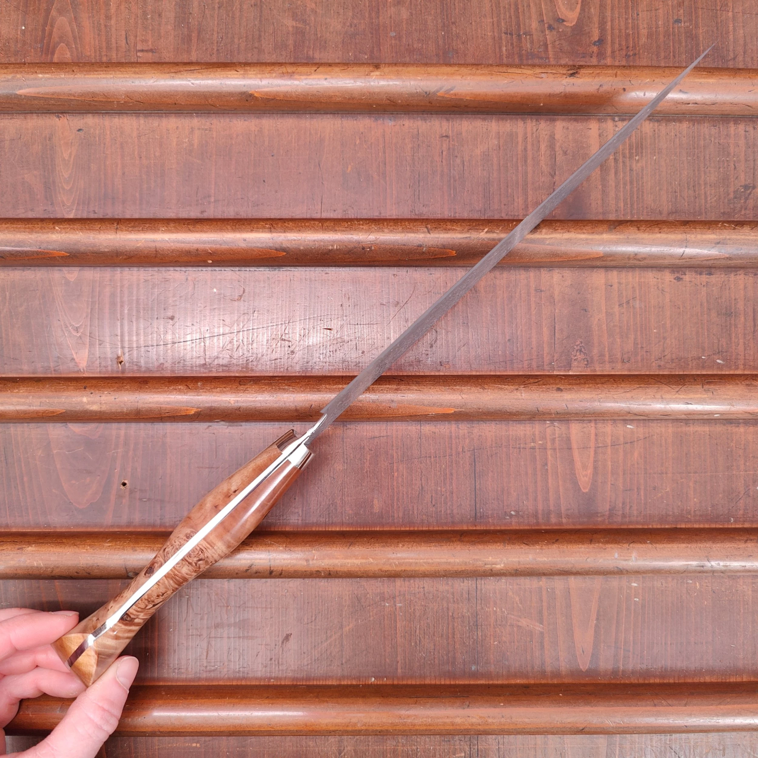 Nigara Hamono SG2 240mm Kiritsuke Gyuto Damascus Stabilized Maple Burl Western Handle 7 Nigara Hamono SG2 240mm Kiritsuke Gyuto Damascus Stabilized Maple Burl Western Handle - Image 5