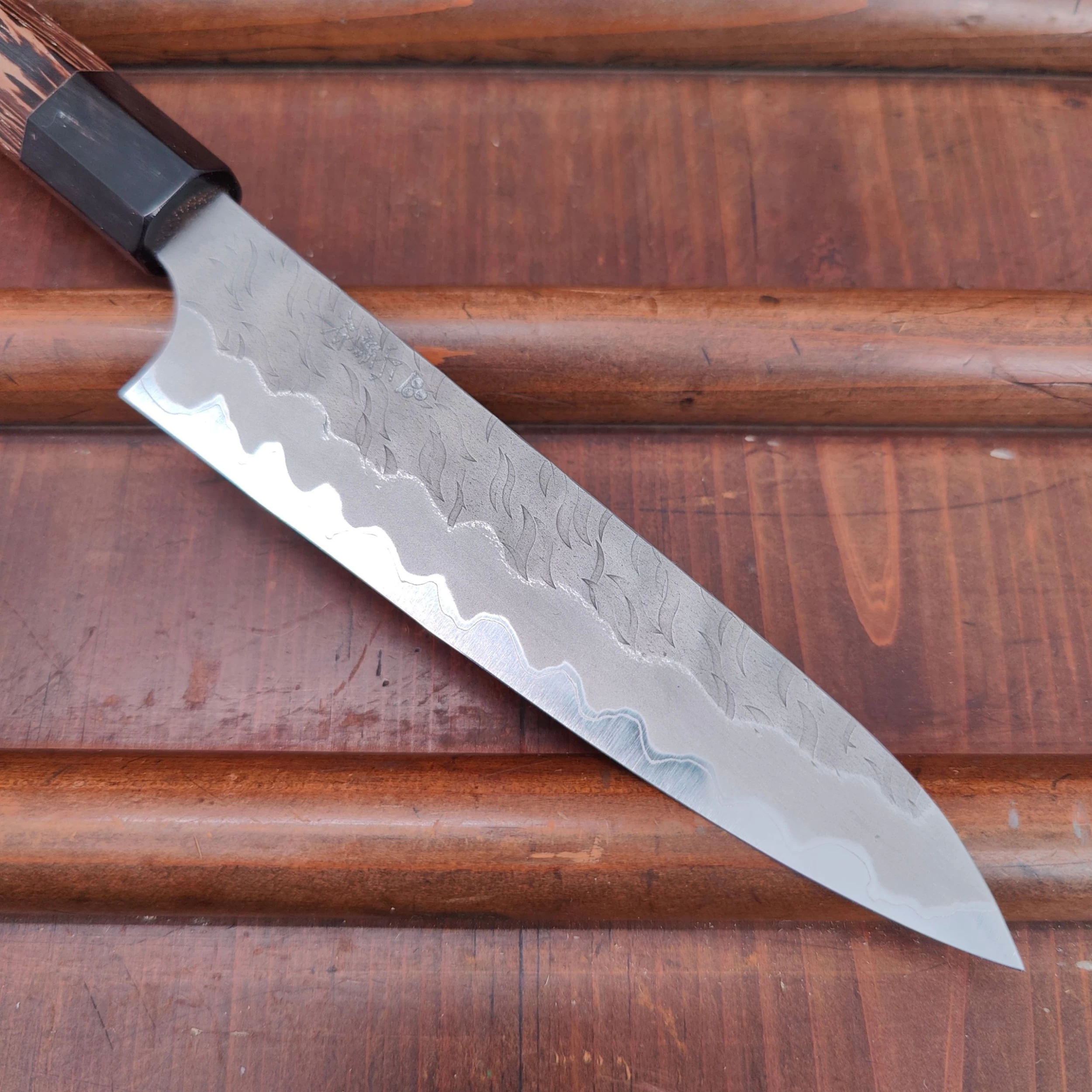 Nigara Hamono 150mm Petty Aogami Super Migaki Tsuchime Wedge Handle 4 Nigara Hamono 150mm Petty Aogami Super Migaki Tsuchime Wedge Handle - Image 2