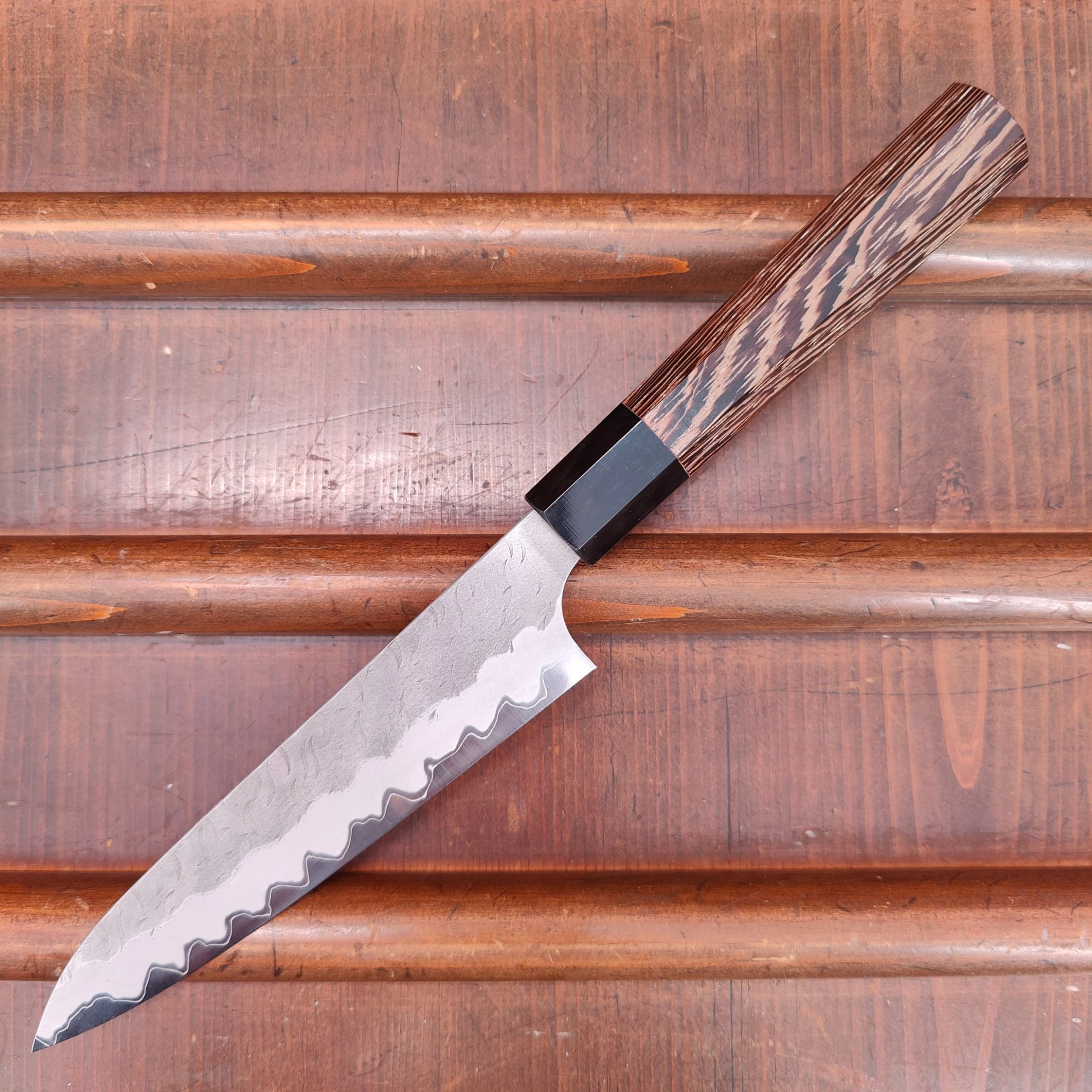 Nigara Hamono 150mm Petty Aogami Super Migaki Tsuchime Wedge Handle 9 Nigara Hamono 150mm Petty Aogami Super Migaki Tsuchime Wedge Handle - Image 7