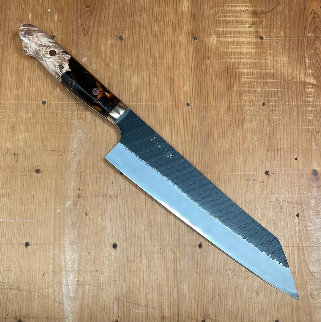 Nigara Hamono 240mm Kiritsuke Gyuto SG2 Kurouchi Tsuchime Stabilized Maple Burl W/ Acrylic Western Handle 3 Nigara Hamono 240mm Kiritsuke Gyuto SG2 Kurouchi Tsuchime Stabilized Maple Burl W/ Acrylic Western Handle