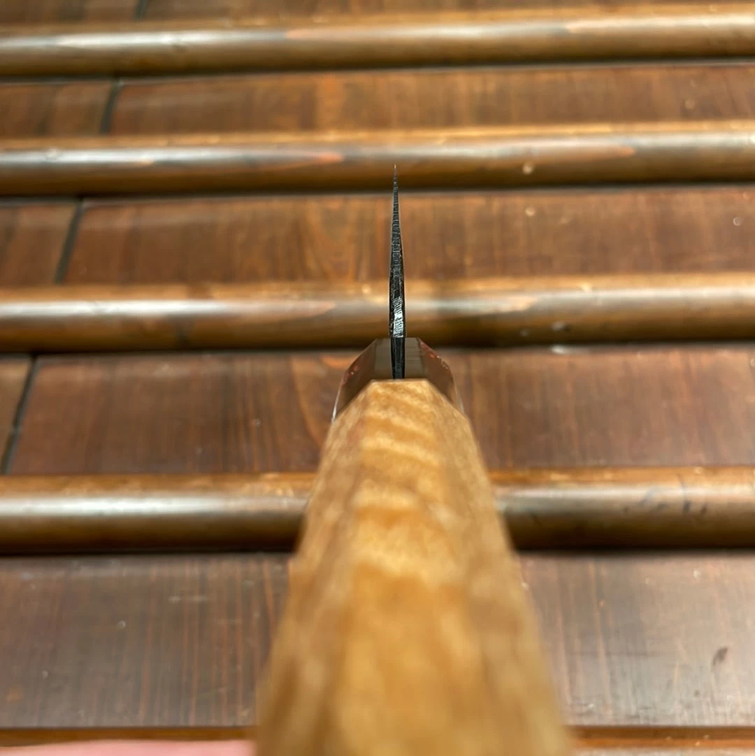 Kumokage 150mm Petty Aogami 2 Kurouchi Carbon Damascus Teak Horn 9 Kumokage 150mm Petty Aogami 2 Kurouchi Carbon Damascus Teak Horn - Image 7