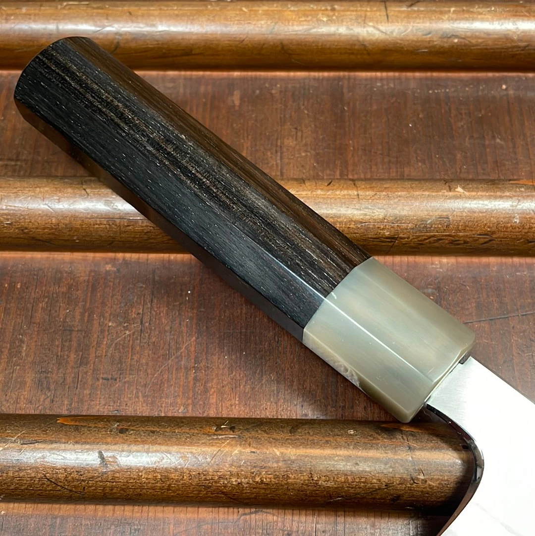 Hitohira Togashi 180mm Santoku Migaki Stainless Clad Aogami 1 Taihei Makassar Ebony Handle 4 Hitohira Togashi 180mm Santoku Migaki Stainless Clad Aogami 1 Taihei Makassar Ebony Handle - Image 2