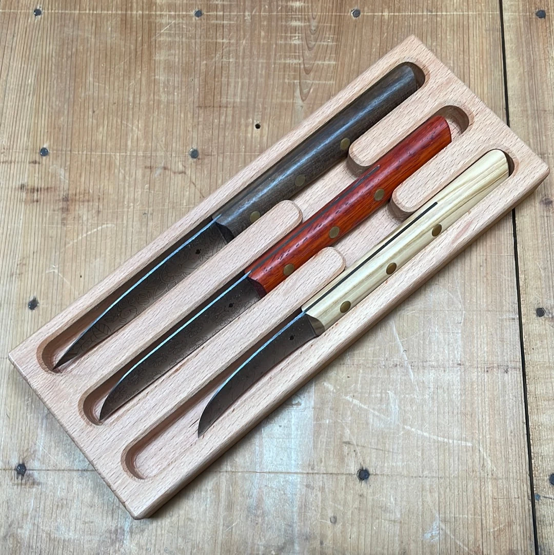 Friedr Herder Set Of 3 Paring Carbon Birdsbeak Sheepsfoot Spear Padouk Olive Walnut 3 Friedr Herder Set Of 3 Paring Carbon Birdsbeak Sheepsfoot Spear Padouk Olive Walnut
