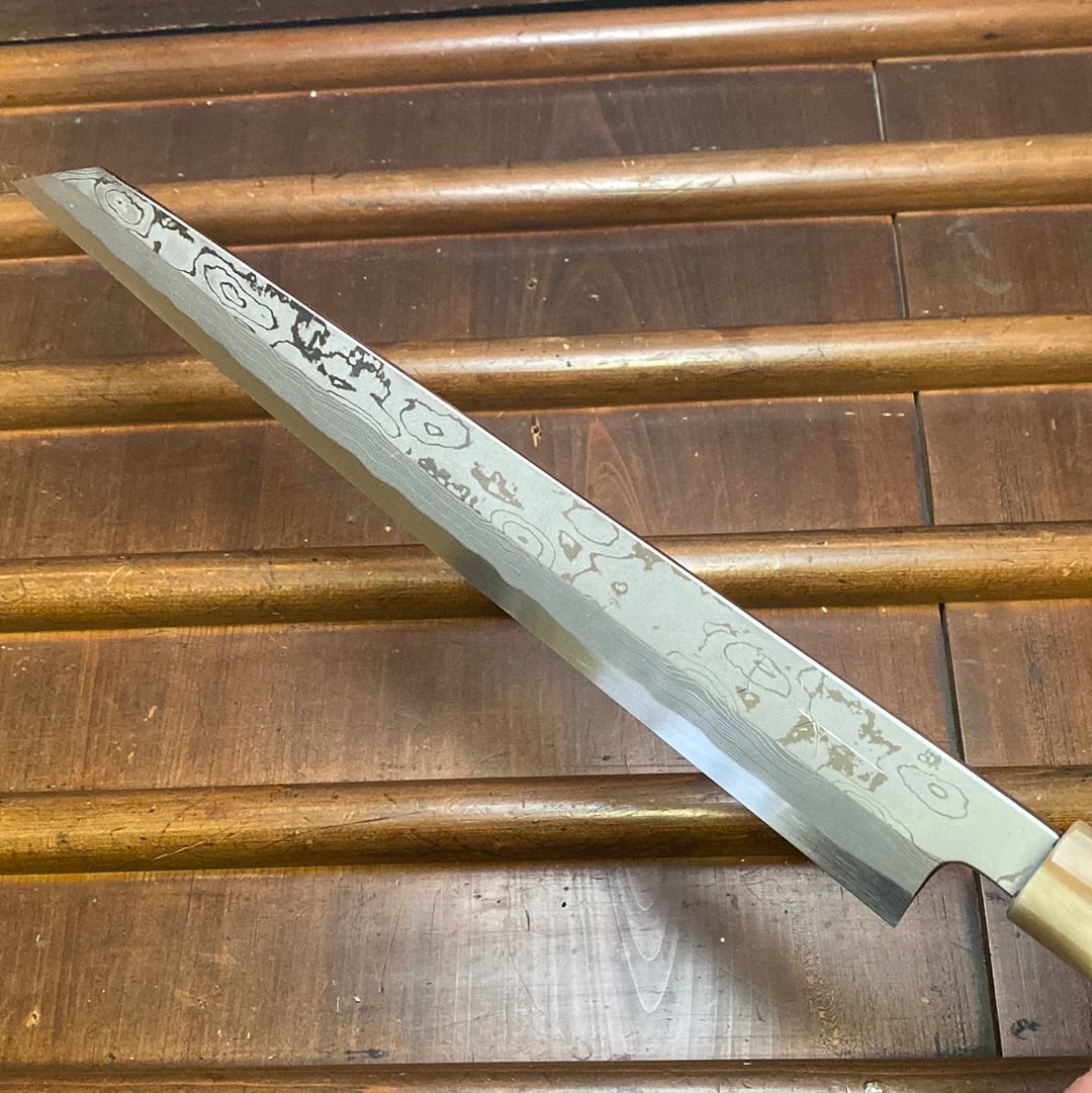 Hitohira Tanaka Manzo 300mm LEFTY Kiritsuke Yanagi Aogami 1 Damascus Ebony W/ Saya 5 Hitohira Tanaka Manzo 300mm LEFTY Kiritsuke Yanagi Aogami 1 Damascus Ebony W/ Saya - Image 3