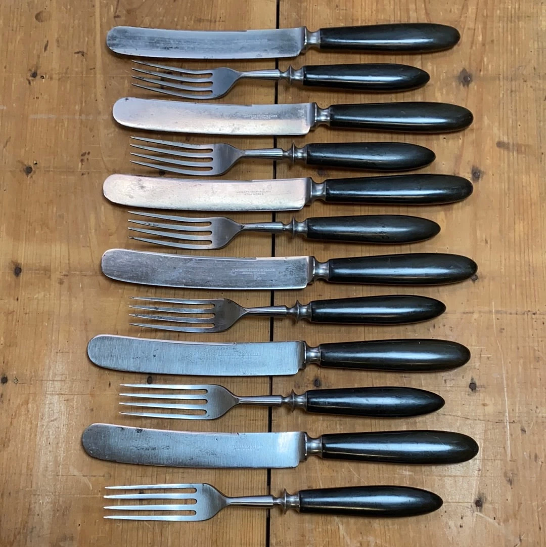 Vintage L F & C Aetna Works Set Of Forks & Knives Carbon Steel Gutta Percha 1870’s-90’s 3 Vintage L F & C Aetna Works Set Of Forks & Knives Carbon Steel Gutta Percha 1870’s-90’s