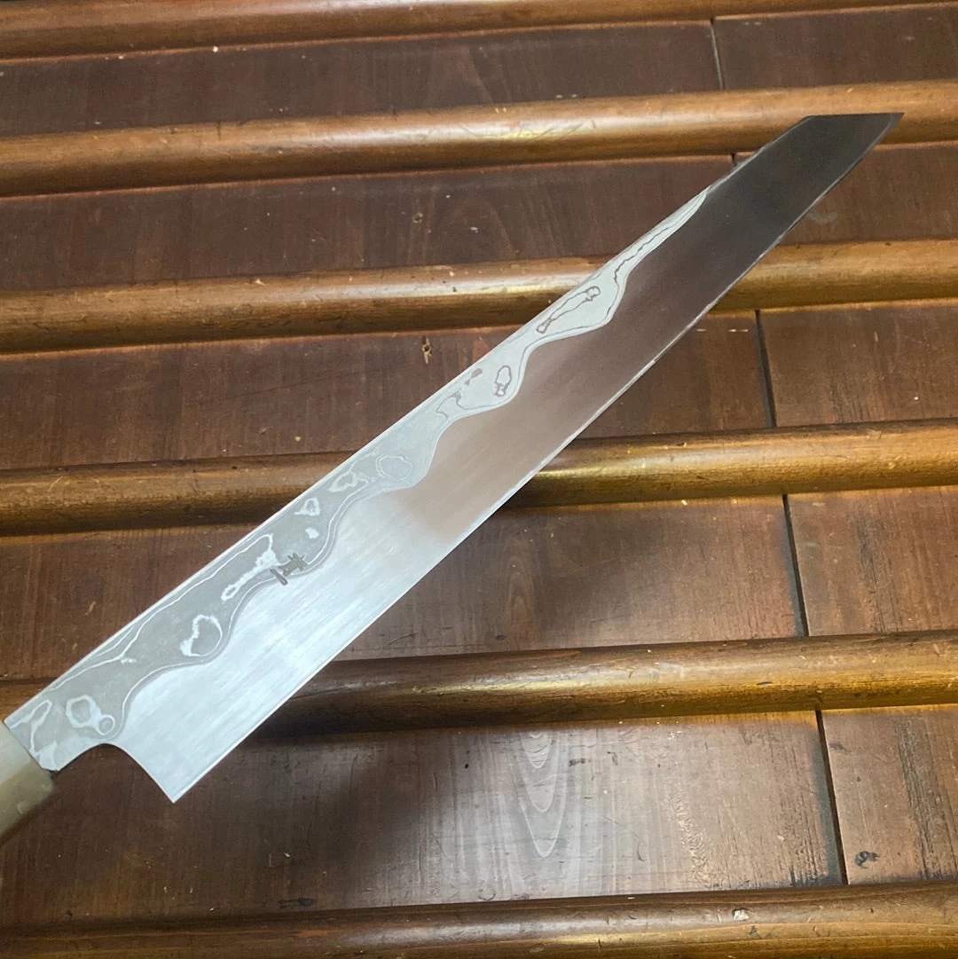 Hitohira Tanaka Manzo 300mm LEFTY Kiritsuke Yanagi Aogami 1 Damascus Ebony W/ Saya 8 Hitohira Tanaka Manzo 300mm LEFTY Kiritsuke Yanagi Aogami 1 Damascus Ebony W/ Saya - Image 6