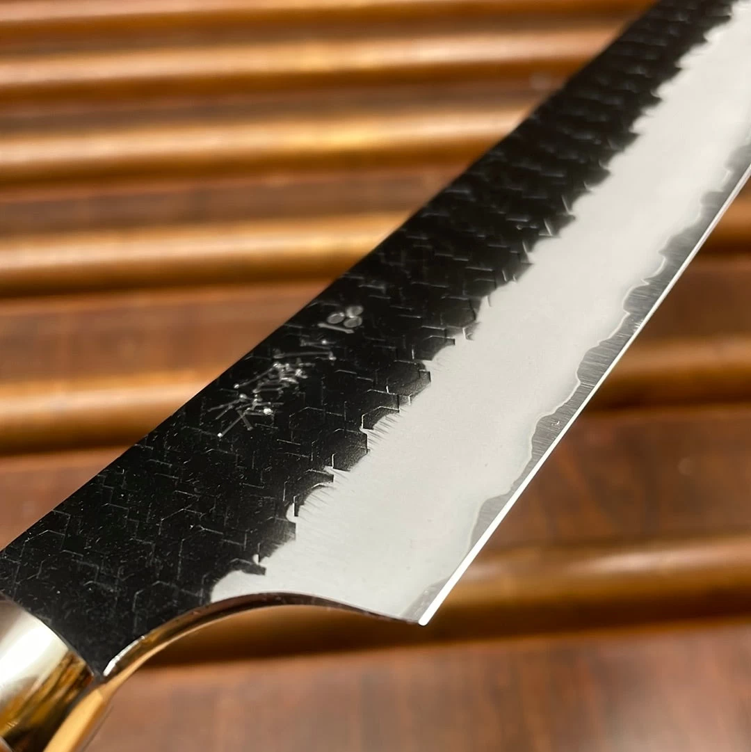 Nigara Hamono 300mm Sakimaru Sujihiki SG2 Kurouchi Tsuchime Stabilized Maple Burl Western Handle 6 Nigara Hamono 300mm Sakimaru Sujihiki SG2 Kurouchi Tsuchime Stabilized Maple Burl Western Handle - Image 4