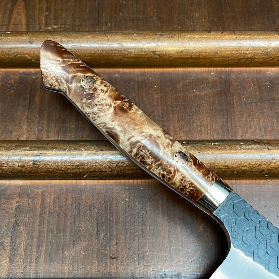 Nigara Hamono SG2 170mm Honesuki Kaku Kurouchi Tsuchime Stabilized Maple Burl Western Handle 4 Nigara Hamono SG2 170mm Honesuki Kaku Kurouchi Tsuchime Stabilized Maple Burl Western Handle - Image 2