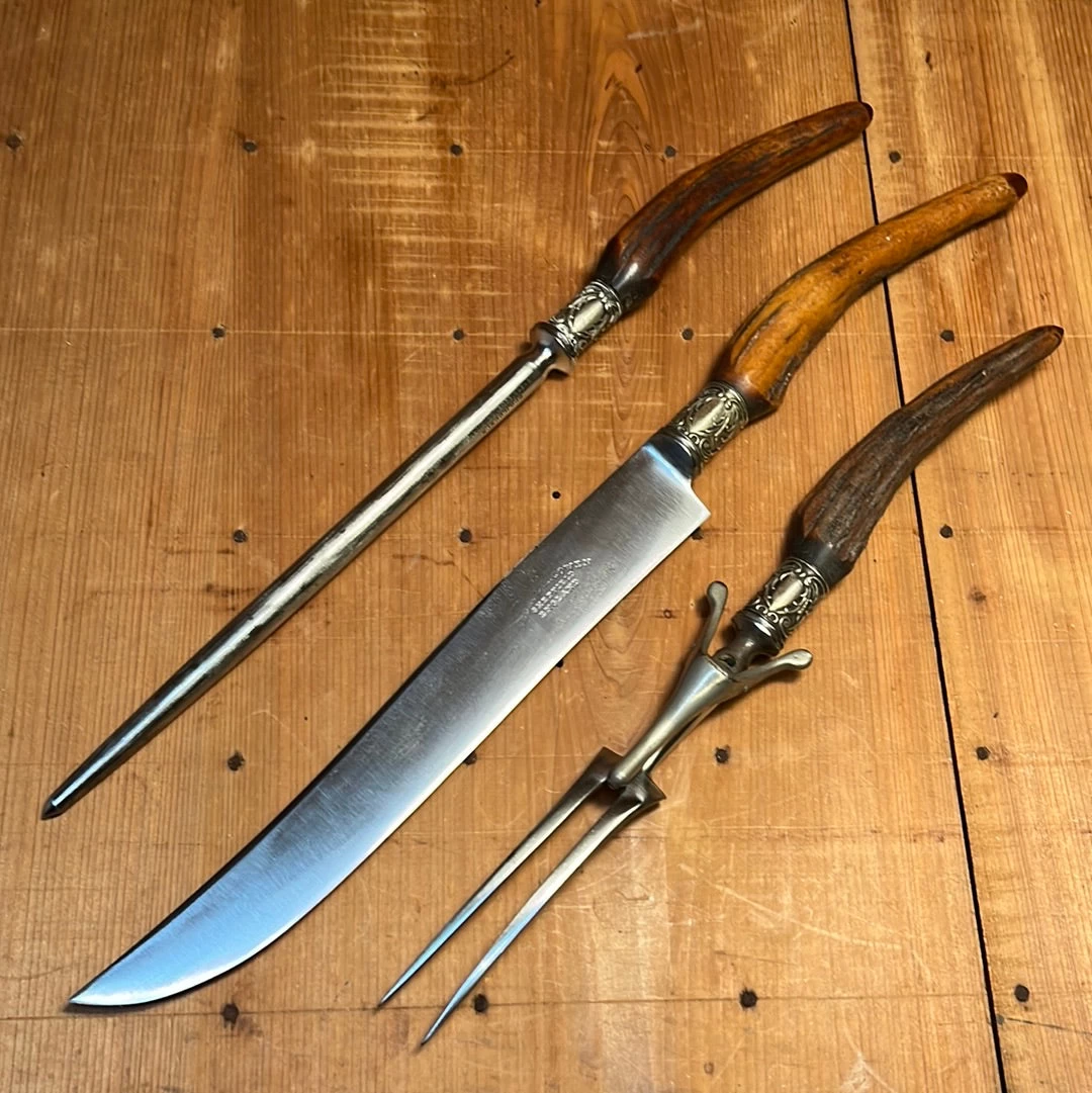 Vintage George Cowen 3 Pc Carving Set Carbon Steel Sheffield Stag Tip ~1890's-1910ish? 3 Vintage George Cowen 3 Pc Carving Set Carbon Steel Sheffield Stag Tip ~1890's-1910ish?