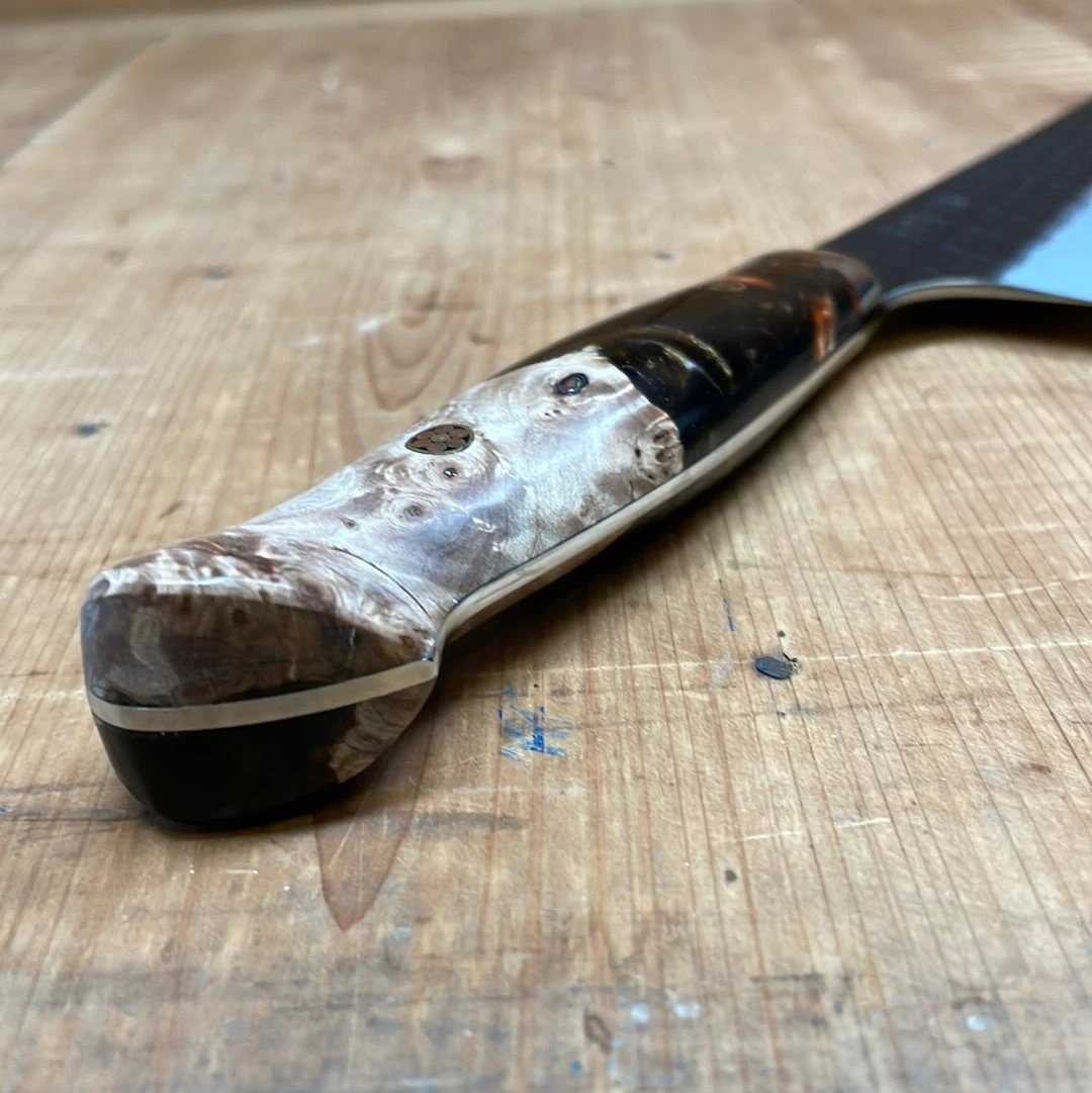 Nigara Hamono 240mm Kiritsuke Gyuto SG2 Kurouchi Tsuchime Stabilized Maple Burl W/ Acrylic Western Handle 9 Nigara Hamono 240mm Kiritsuke Gyuto SG2 Kurouchi Tsuchime Stabilized Maple Burl W/ Acrylic Western Handle - Image 7