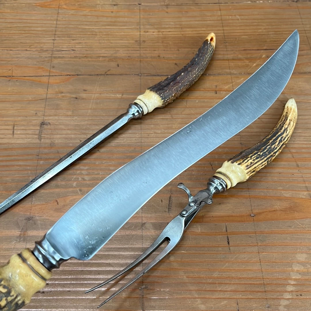 Vintage A J Jordan Carving Set AAA1 Sheffield England Curved Blade Horn Tip Handles 1880's-1920's 8 Vintage A J Jordan Carving Set AAA1 Sheffield England Curved Blade Horn Tip Handles 1880's-1920's - Image 6