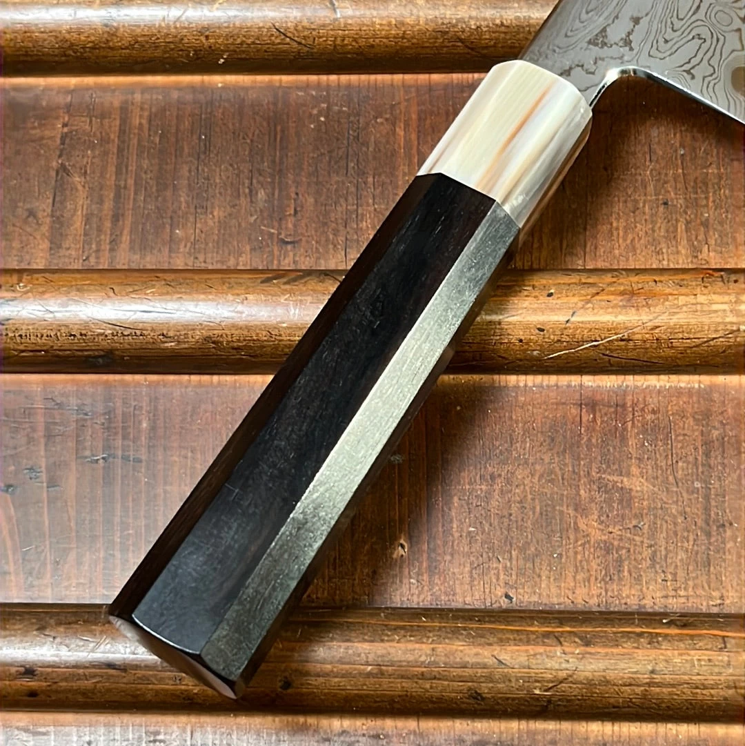 Nakagawa 225mm Kiritsuke Gyuto Aogami 1 Damascus Ebony Blond 10 Nakagawa 225mm Kiritsuke Gyuto Aogami 1 Damascus Ebony Blond - Image 8