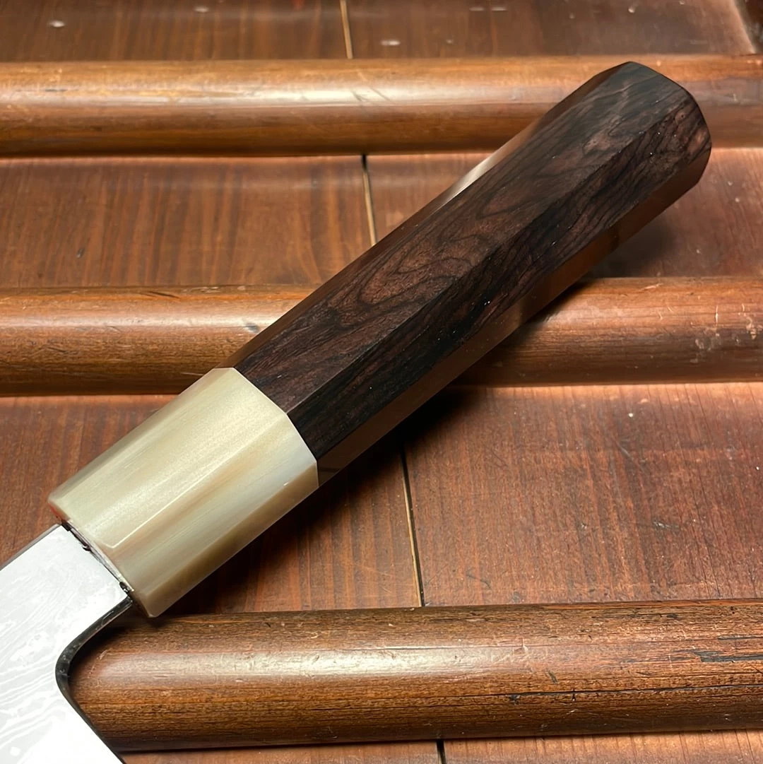 Nakagawa 240mm Kiritsuke Gyuto Aogami 1 Damascus Ebony Blond 4 Nakagawa 240mm Kiritsuke Gyuto Aogami 1 Damascus Ebony Blond - Image 2