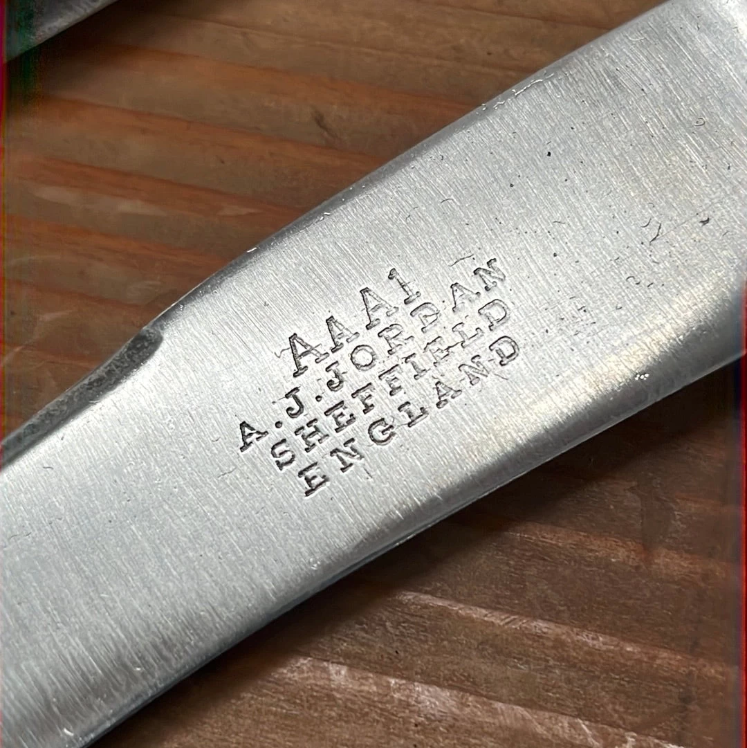 Vintage A J Jordan Carving Set AAA1 Sheffield England Curved Blade Horn Tip Handles 1880's-1920's 4 Vintage A J Jordan Carving Set AAA1 Sheffield England Curved Blade Horn Tip Handles 1880's-1920's - Image 2