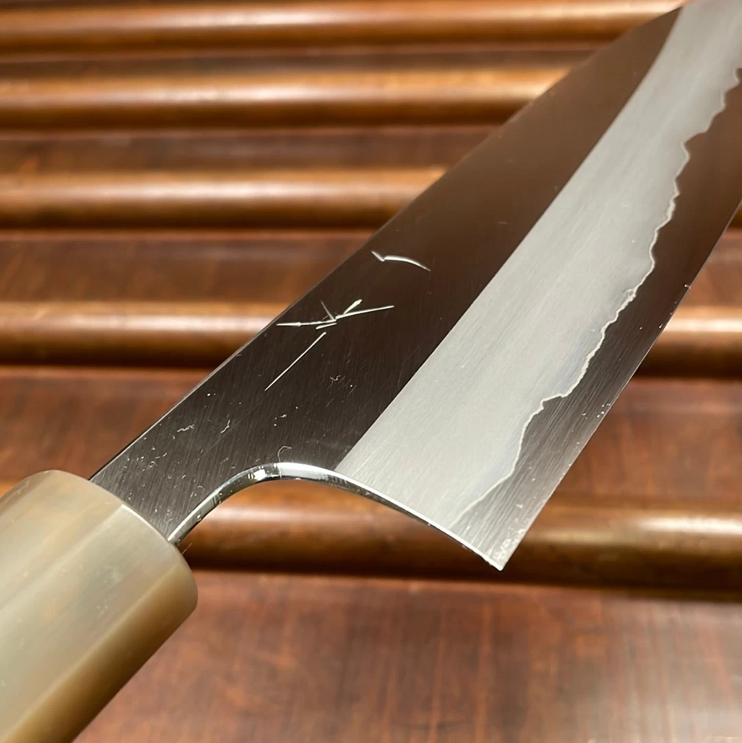 Hitohira Togashi 180mm Santoku Migaki Stainless Clad Aogami 1 Taihei Makassar Ebony Handle 6 Hitohira Togashi 180mm Santoku Migaki Stainless Clad Aogami 1 Taihei Makassar Ebony Handle - Image 4
