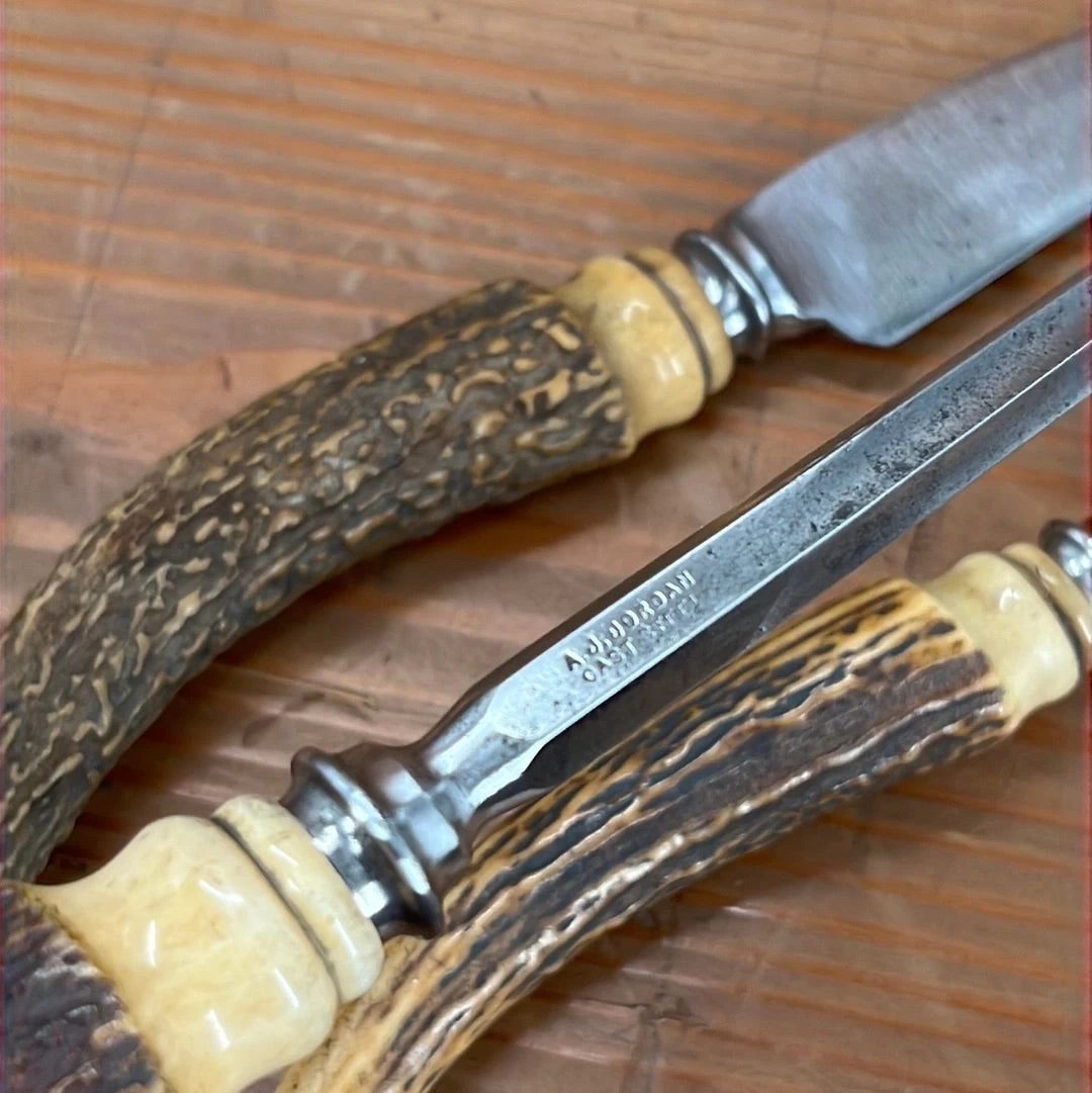 Vintage A J Jordan Carving Set AAA1 Sheffield England Curved Blade Horn Tip Handles 1880's-1920's 11 Vintage A J Jordan Carving Set AAA1 Sheffield England Curved Blade Horn Tip Handles 1880's-1920's - Image 9