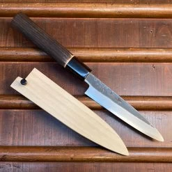 Sakai Kikumori Nakagawa 135mm Petty Aogami 1 Kurouchi Burnt Chestnut W/ Saya