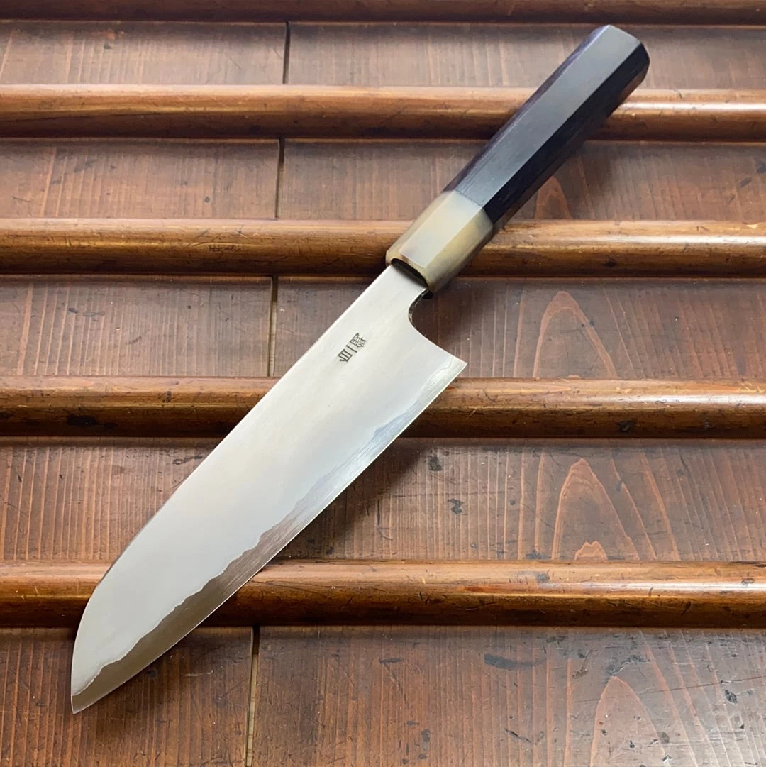 Hitohira Togashi 180mm Santoku Kasumi Stainless Clad Shirogami 1 Ebony Blonde Handle 4 Hitohira Togashi 180mm Santoku Kasumi Stainless Clad Shirogami 1 Ebony Blonde Handle - Image 2