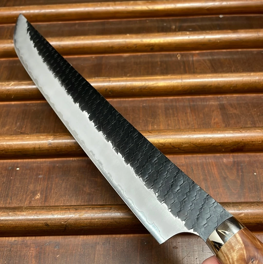 Nigara Hamono 300mm Sakimaru Sujihiki SG2 Kurouchi Tsuchime Stabilized Maple Burl Western Handle 7 Nigara Hamono 300mm Sakimaru Sujihiki SG2 Kurouchi Tsuchime Stabilized Maple Burl Western Handle - Image 5