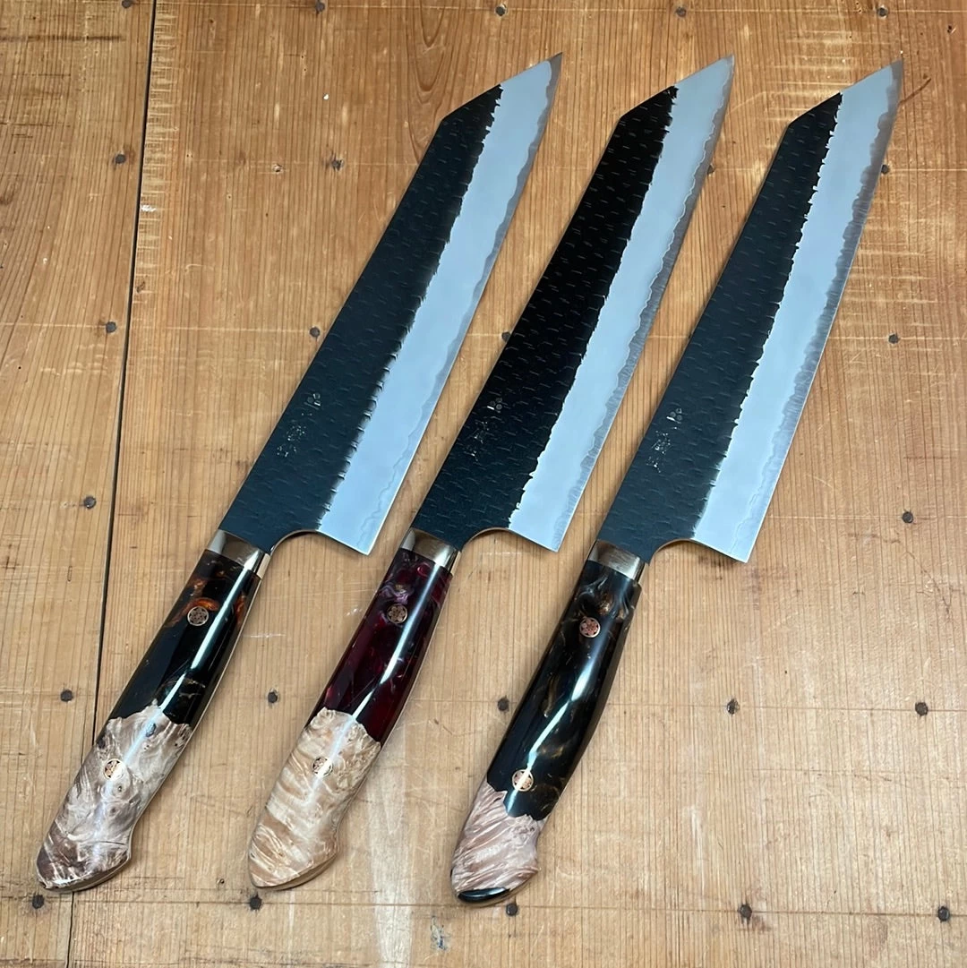 Nigara Hamono 240mm Kiritsuke Gyuto SG2 Kurouchi Tsuchime Stabilized Maple Burl W/ Acrylic Western Handle 10 Nigara Hamono 240mm Kiritsuke Gyuto SG2 Kurouchi Tsuchime Stabilized Maple Burl W/ Acrylic Western Handle - Image 8