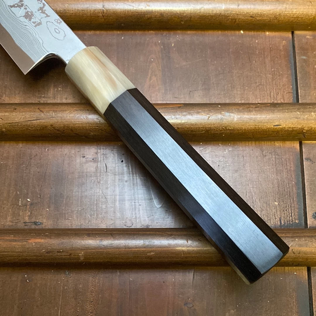 Hitohira Tanaka Manzo 300mm LEFTY Kiritsuke Yanagi Aogami 1 Damascus Ebony W/ Saya 11 Hitohira Tanaka Manzo 300mm LEFTY Kiritsuke Yanagi Aogami 1 Damascus Ebony W/ Saya - Image 9