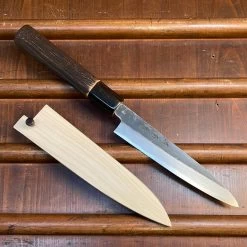 Sakai Kikumori Nakagawa 150mm Petty Aogami 1 Kurouchi Burnt Chestnut W/ Saya
