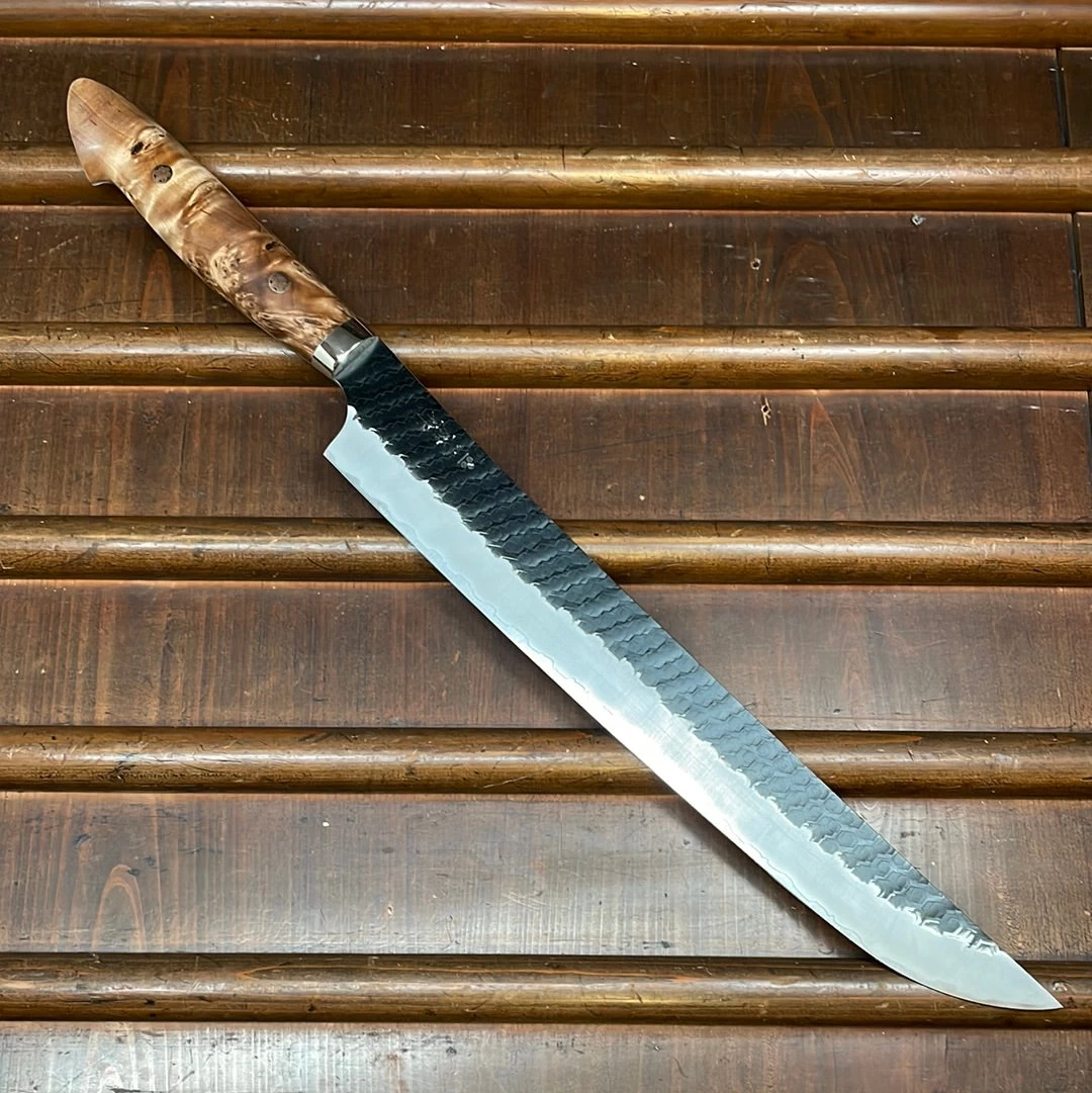 Nigara Hamono 300mm Sakimaru Sujihiki SG2 Kurouchi Tsuchime Stabilized Maple Burl Western Handle 3 Nigara Hamono 300mm Sakimaru Sujihiki SG2 Kurouchi Tsuchime Stabilized Maple Burl Western Handle