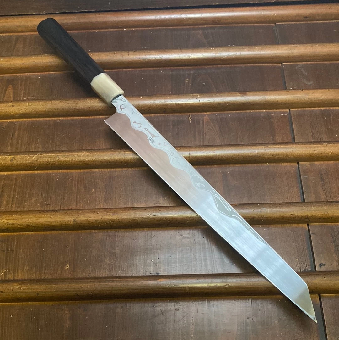 Hitohira Tanaka Manzo 300mm LEFTY Kiritsuke Yanagi Aogami 1 Damascus Ebony W/ Saya 4 Hitohira Tanaka Manzo 300mm LEFTY Kiritsuke Yanagi Aogami 1 Damascus Ebony W/ Saya - Image 2