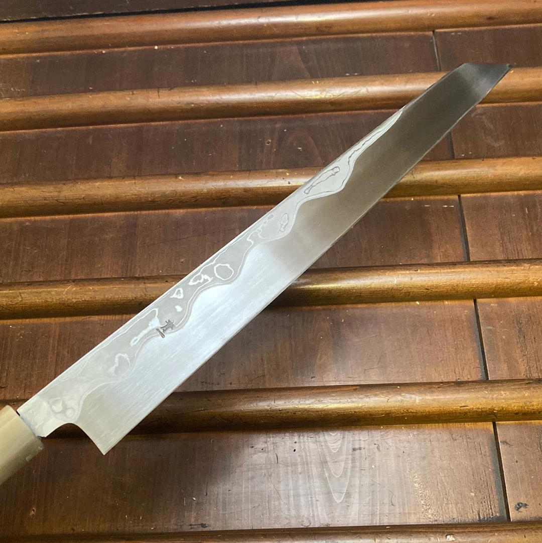 Hitohira Tanaka Manzo 300mm LEFTY Kiritsuke Yanagi Aogami 1 Damascus Ebony W/ Saya 7 Hitohira Tanaka Manzo 300mm LEFTY Kiritsuke Yanagi Aogami 1 Damascus Ebony W/ Saya - Image 5