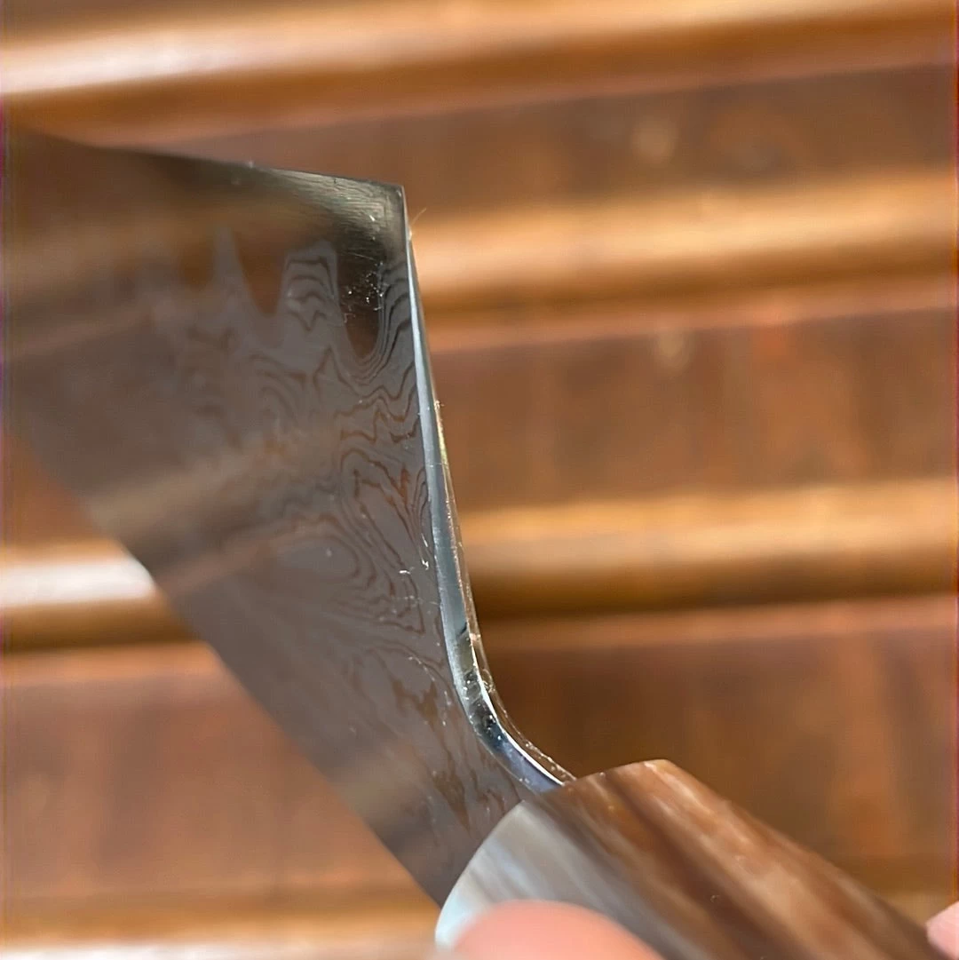 Nakagawa 225mm Kiritsuke Gyuto Aogami 1 Damascus Ebony Blond 9 Nakagawa 225mm Kiritsuke Gyuto Aogami 1 Damascus Ebony Blond - Image 7