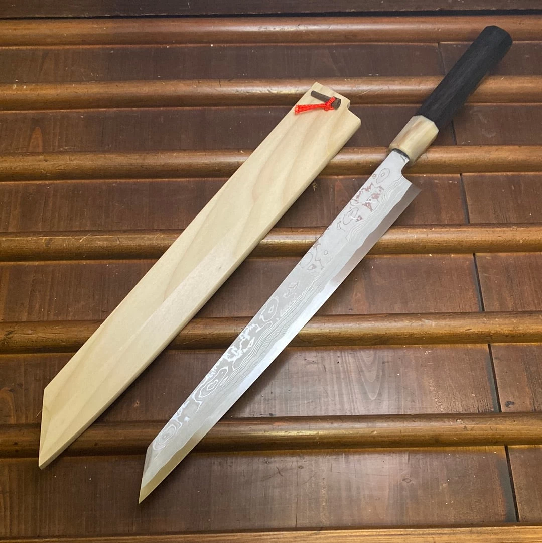 Hitohira Tanaka Manzo 300mm LEFTY Kiritsuke Yanagi Aogami 1 Damascus Ebony W/ Saya 3 Hitohira Tanaka Manzo 300mm LEFTY Kiritsuke Yanagi Aogami 1 Damascus Ebony W/ Saya