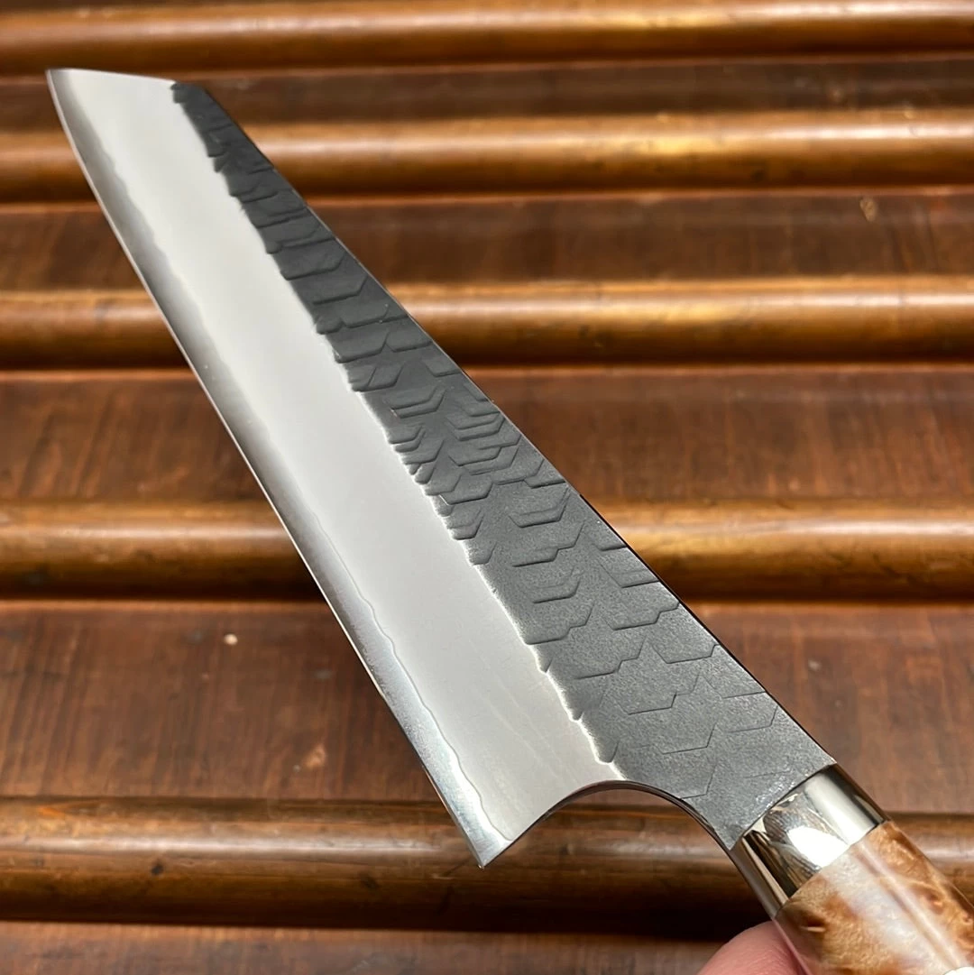 Nigara Hamono SG2 170mm Honesuki Kaku Kurouchi Tsuchime Stabilized Maple Burl Western Handle 7 Nigara Hamono SG2 170mm Honesuki Kaku Kurouchi Tsuchime Stabilized Maple Burl Western Handle - Image 5