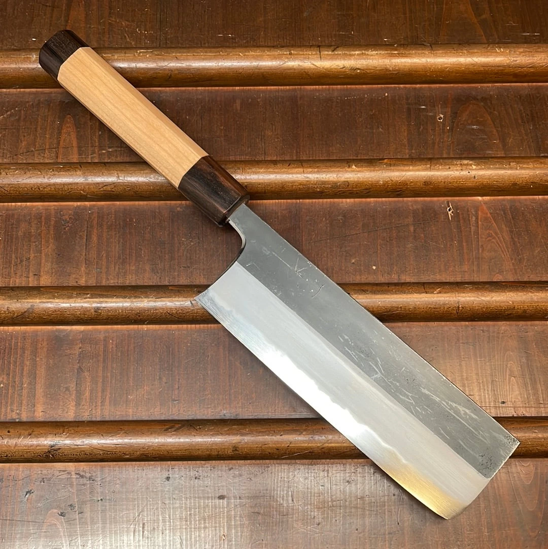 Hitohira Togashi 180mm Nakiri Aogami 2 Kurouchi Cherry Handle (Ebony End) 3 Hitohira Togashi 180mm Nakiri Aogami 2 Kurouchi Cherry Handle (Ebony End)