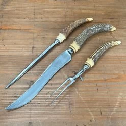 Vintage A J Jordan Carving Set AAA1 Sheffield England Curved Blade Horn Tip Handles 1880's-1920's