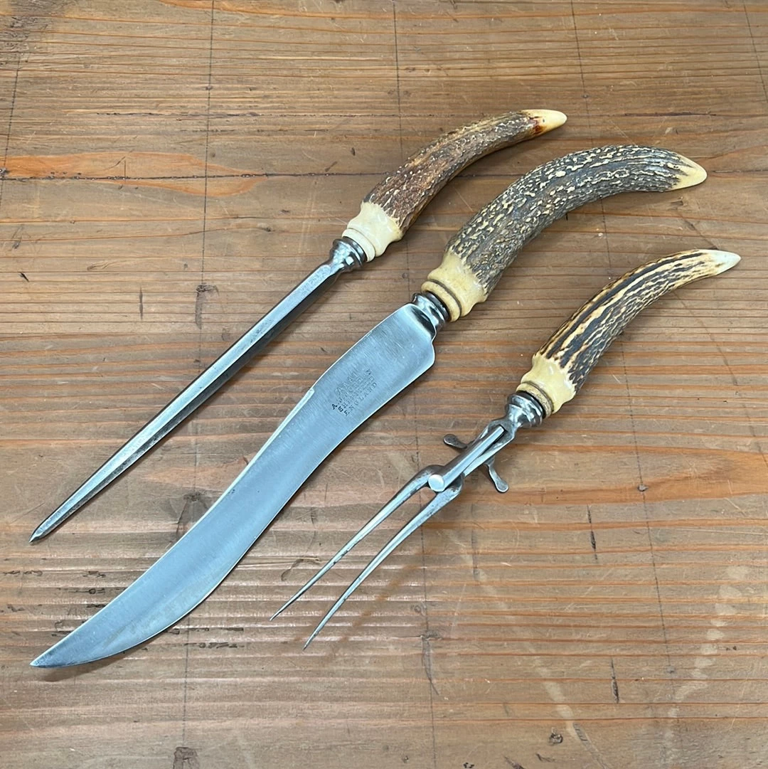 Vintage A J Jordan Carving Set AAA1 Sheffield England Curved Blade Horn Tip Handles 1880's-1920's 3 Vintage A J Jordan Carving Set AAA1 Sheffield England Curved Blade Horn Tip Handles 1880's-1920's