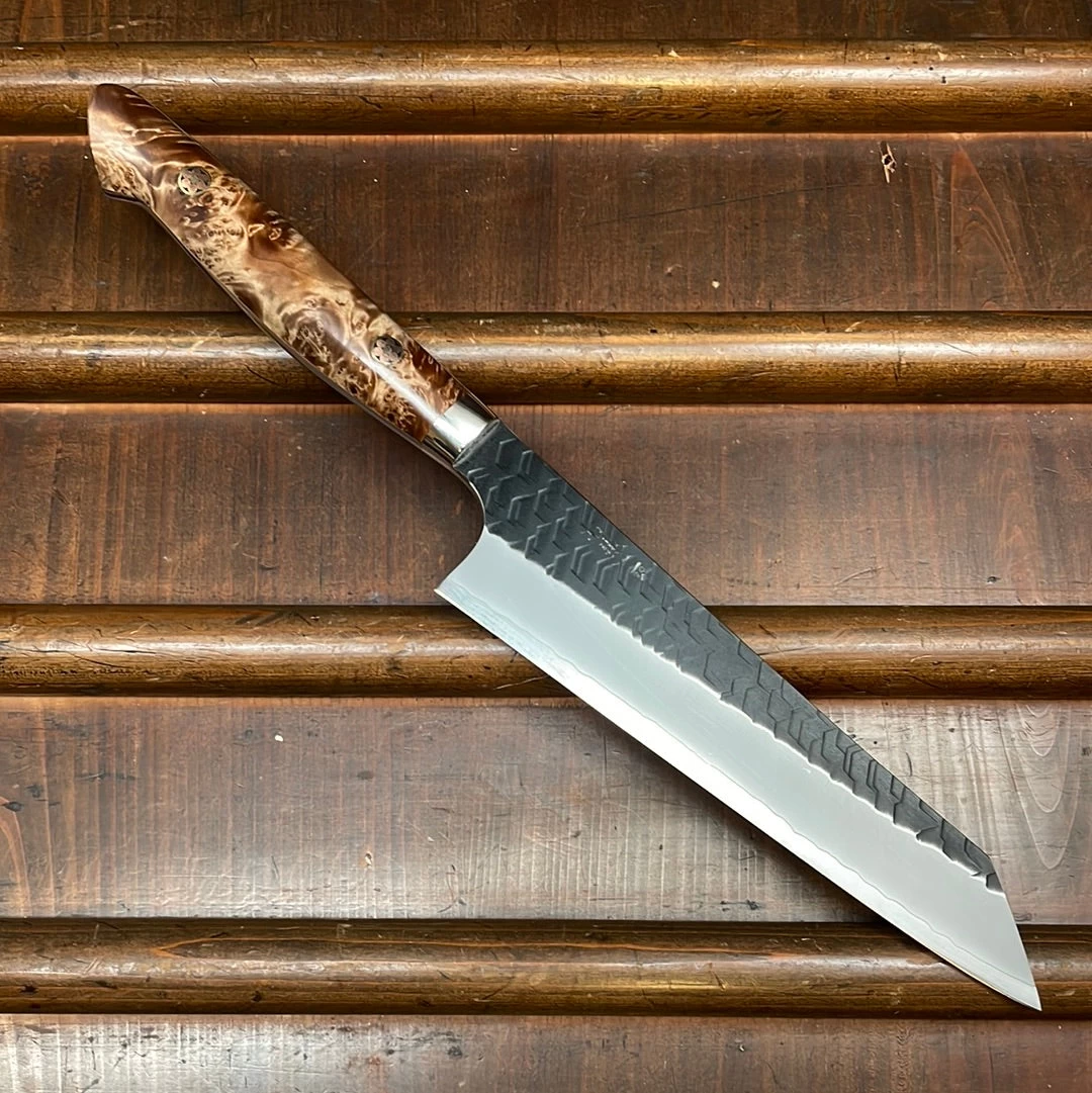 Nigara Hamono SG2 170mm Honesuki Kaku Kurouchi Tsuchime Stabilized Maple Burl Western Handle 3 Nigara Hamono SG2 170mm Honesuki Kaku Kurouchi Tsuchime Stabilized Maple Burl Western Handle