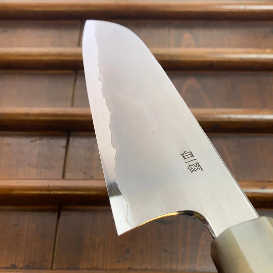 Hitohira Togashi 180mm Santoku Kasumi Stainless Clad Shirogami 1 Ebony Blonde Handle 6 Hitohira Togashi 180mm Santoku Kasumi Stainless Clad Shirogami 1 Ebony Blonde Handle - Image 4
